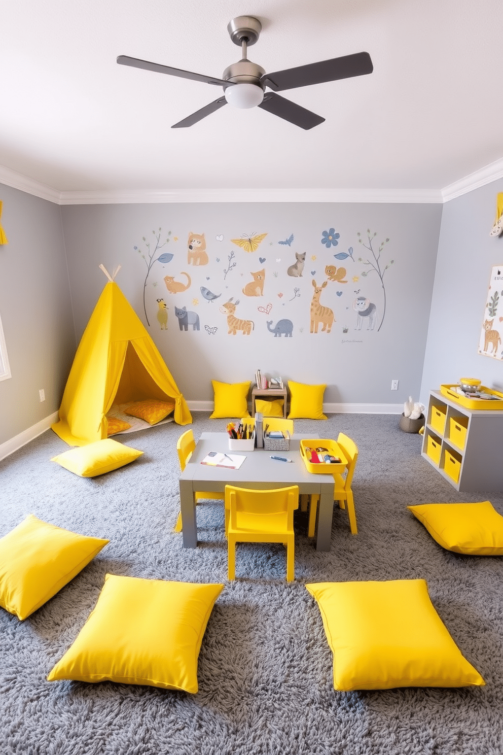 A playful gray playroom features soft gray walls adorned with cheerful yellow accents, including a bright yellow play tent in one corner. The floor is covered with a plush gray carpet, providing a cozy area for children to play, while vibrant yellow cushions are scattered throughout for added comfort. In the center, a low gray table surrounded by yellow chairs invites creativity, with art supplies neatly organized in bright yellow bins. A whimsical wall mural depicting playful animals adds a touch of fun, making the space both inviting and inspiring for imaginative play.