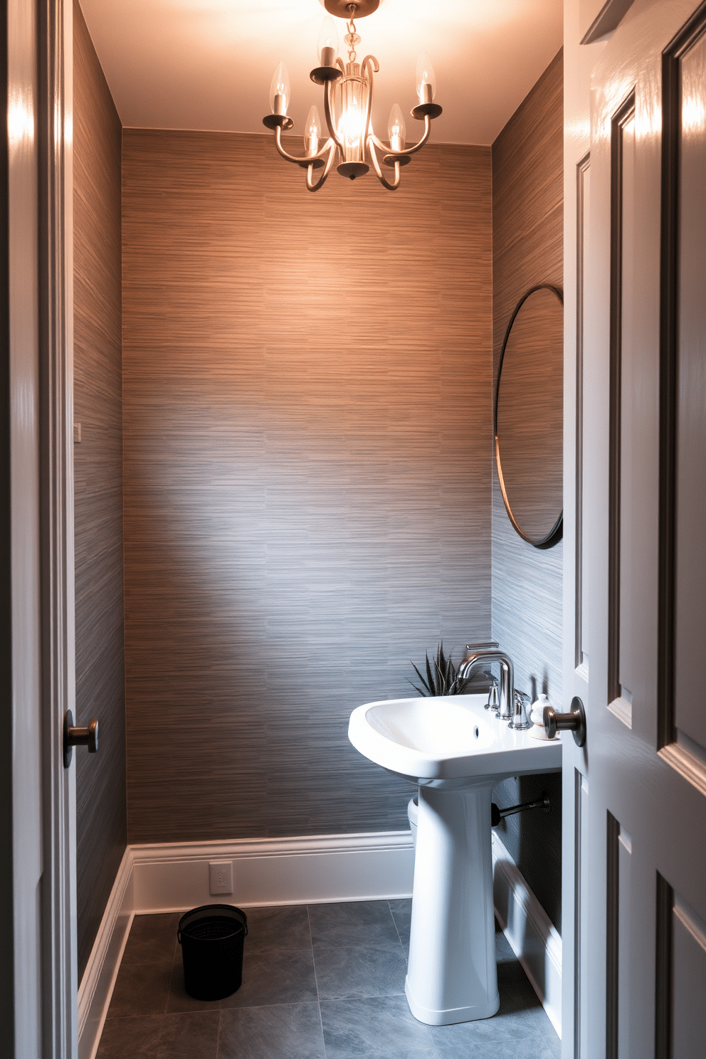 A cozy powder room featuring soft gray lighting that creates an inviting atmosphere. The walls are adorned with textured gray wallpaper, complemented by a sleek white pedestal sink and a round mirror with a brushed nickel frame. A delicate chandelier hangs from the ceiling, casting a warm glow throughout the space. The floor is finished with elegant gray tiles, and a small potted plant adds a touch of greenery to the room.