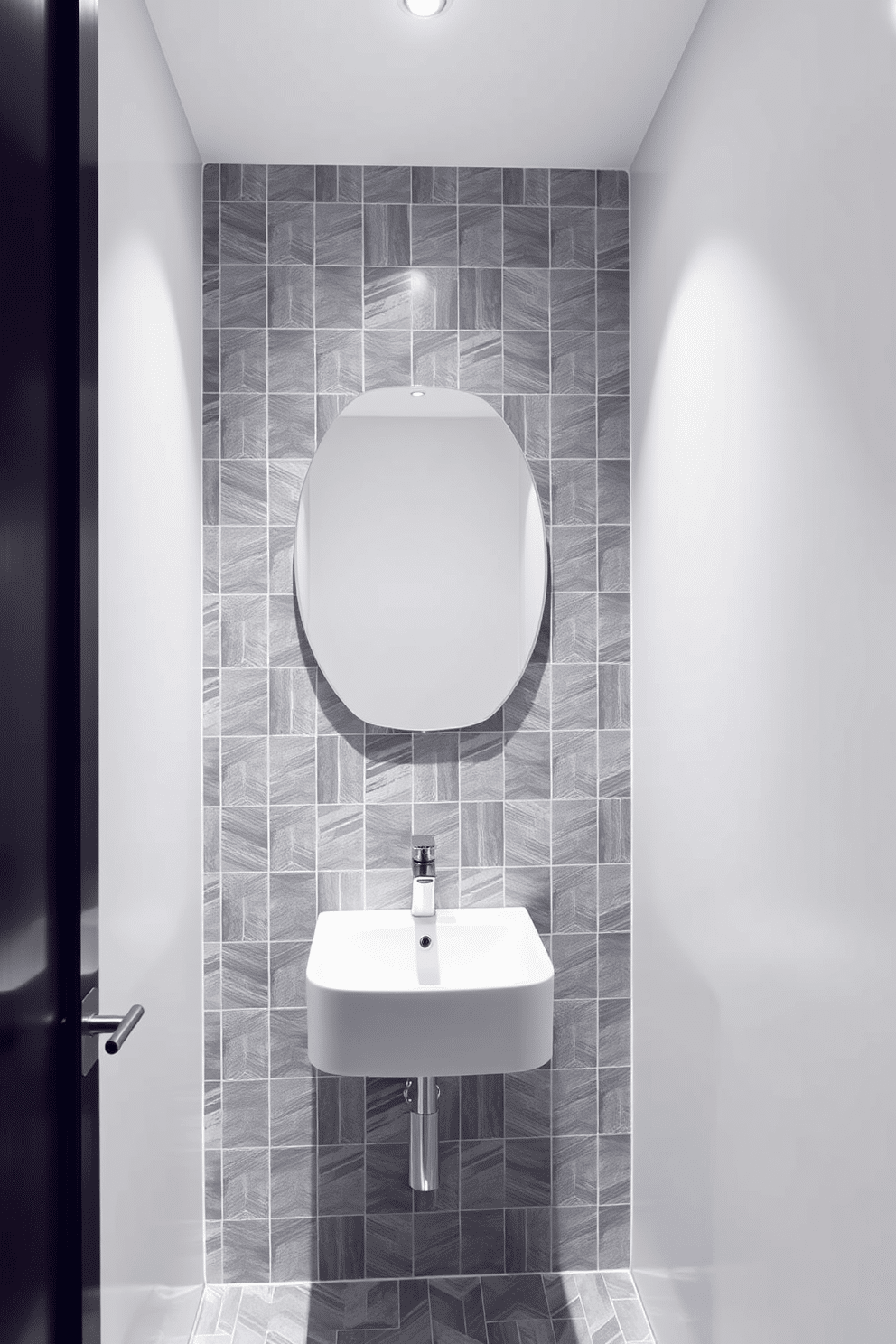 A modern powder room featuring geometric gray tiles that create a striking contemporary aesthetic. The walls are painted in a crisp white, providing a clean backdrop that enhances the tile design. A sleek, wall-mounted sink with a minimalist chrome faucet complements the overall look. Accent lighting illuminates the space, highlighting the unique tile patterns and creating an inviting atmosphere.