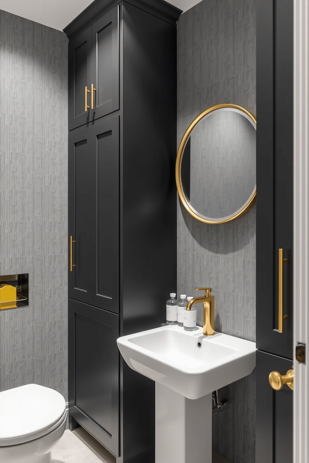 A striking powder room features dark gray cabinetry that creates a dramatic and sophisticated atmosphere. The cabinetry is complemented by sleek gold hardware, enhancing the overall elegance of the space. The walls are adorned with a textured wallpaper in a lighter gray shade, adding depth and interest. A stylish round mirror with a gold frame hangs above a modern sink, reflecting the luxurious design elements throughout the room.