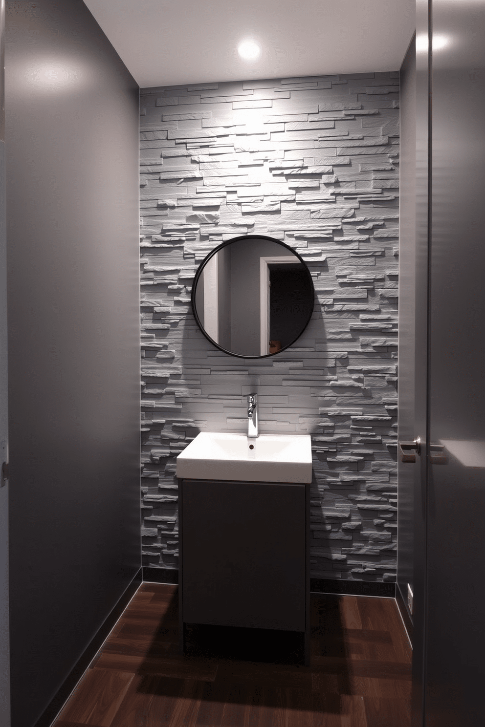 A stylish powder room featuring an accent wall adorned with gray stone veneer, creating a striking focal point. The space is complemented by sleek, modern fixtures and a minimalist vanity with a polished chrome faucet. Soft ambient lighting highlights the textures of the stone, while a round mirror with a black frame adds a touch of elegance above the vanity. The flooring consists of dark wood planks, providing warmth and contrast to the cool tones of the gray walls.