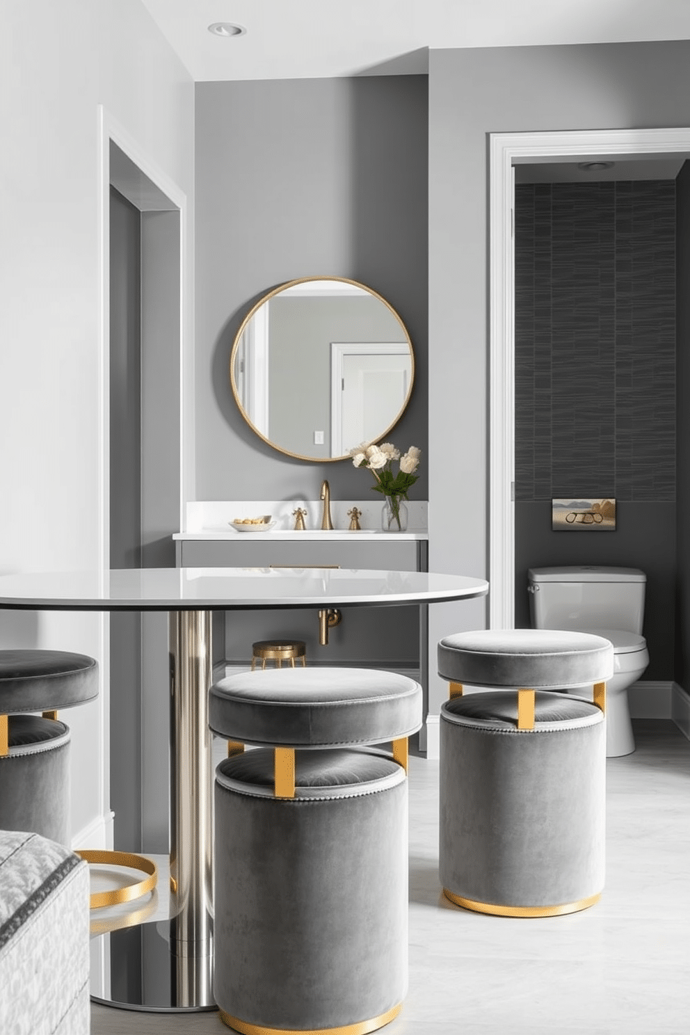 Chic gray stools are arranged around a sleek, modern table in a stylish seating area. The stools feature a velvet upholstery with gold accents, complementing the elegant ambiance of the space. In the gray powder room, the walls are adorned with a textured wallpaper that adds depth and sophistication. A minimalist vanity with a round mirror and brushed nickel fixtures creates a cohesive and inviting atmosphere.