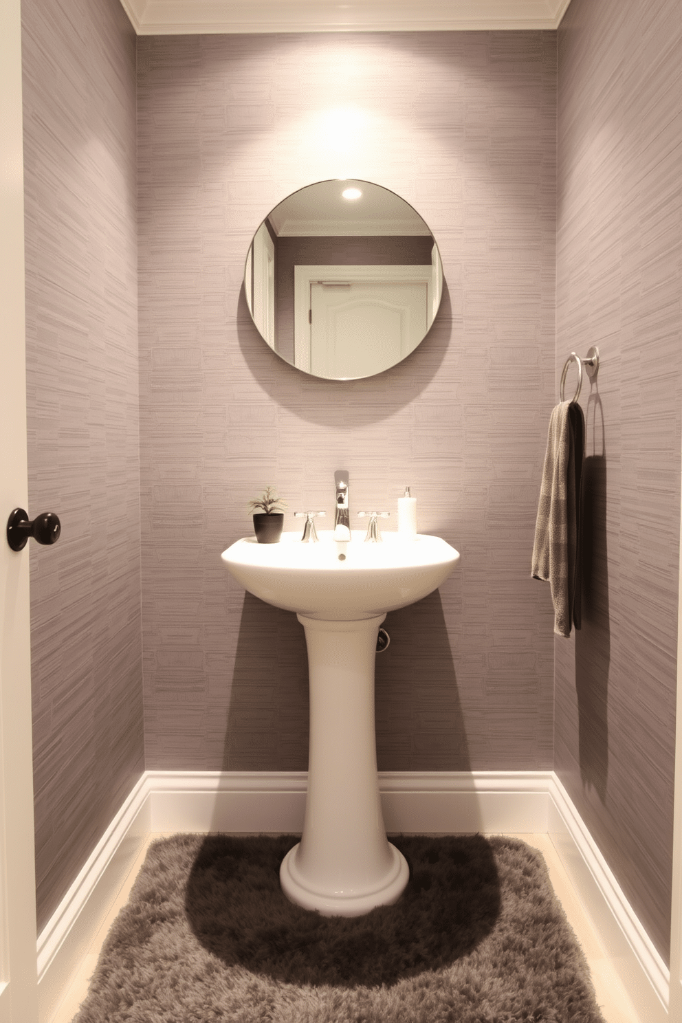 A stylish powder room featuring textured gray wallpaper that adds depth and sophistication to the space. The room includes a sleek pedestal sink with a polished chrome faucet, complemented by a minimalist round mirror above it. In the corner, a small potted plant adds a touch of greenery, while a plush gray rug lies beneath the sink for comfort. Soft, ambient lighting enhances the serene atmosphere, creating a perfect retreat for guests.