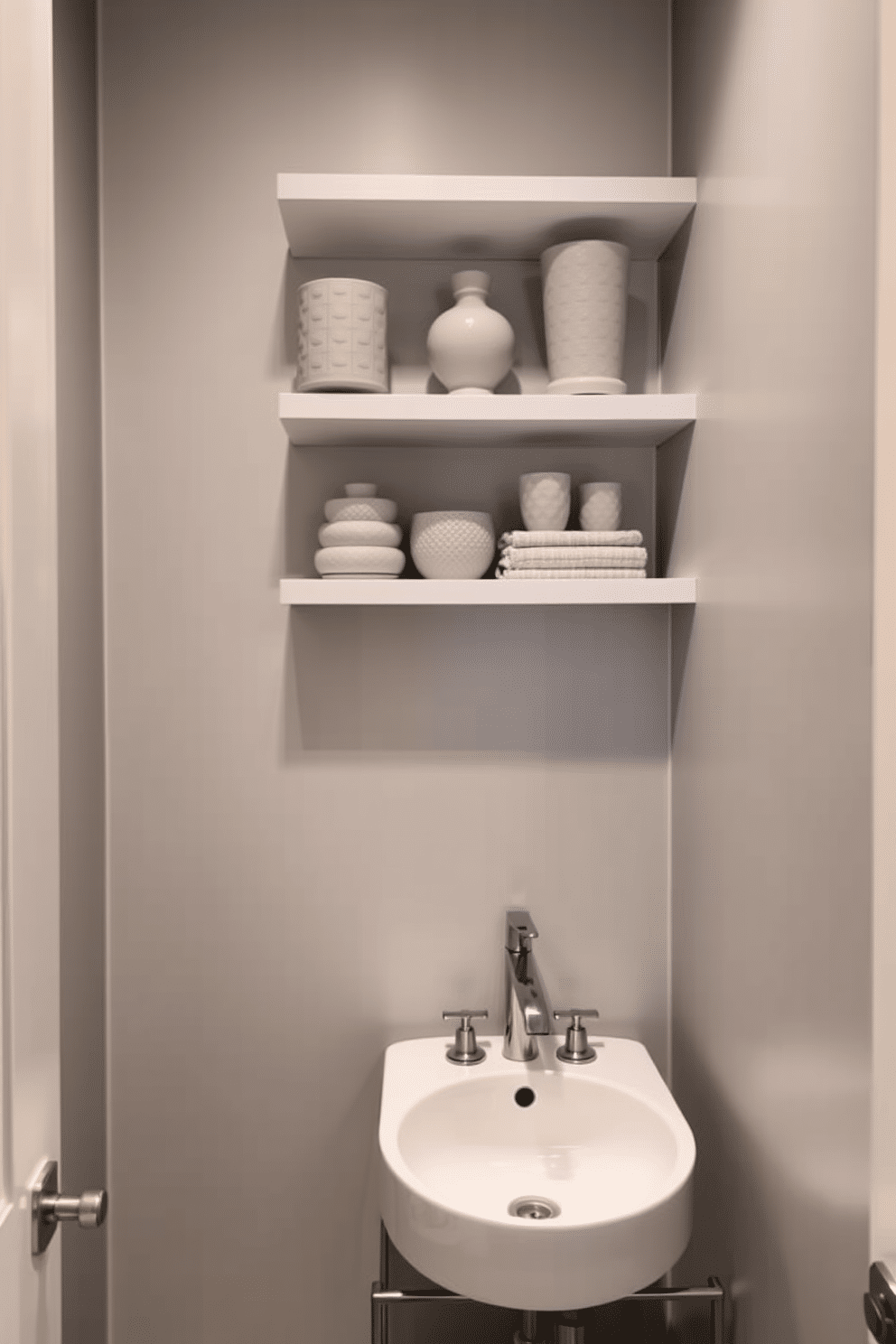 A stylish powder room featuring open shelving adorned with various gray decorative items. The walls are painted in a soft gray hue, complemented by a sleek vanity with a modern sink and brushed nickel fixtures.