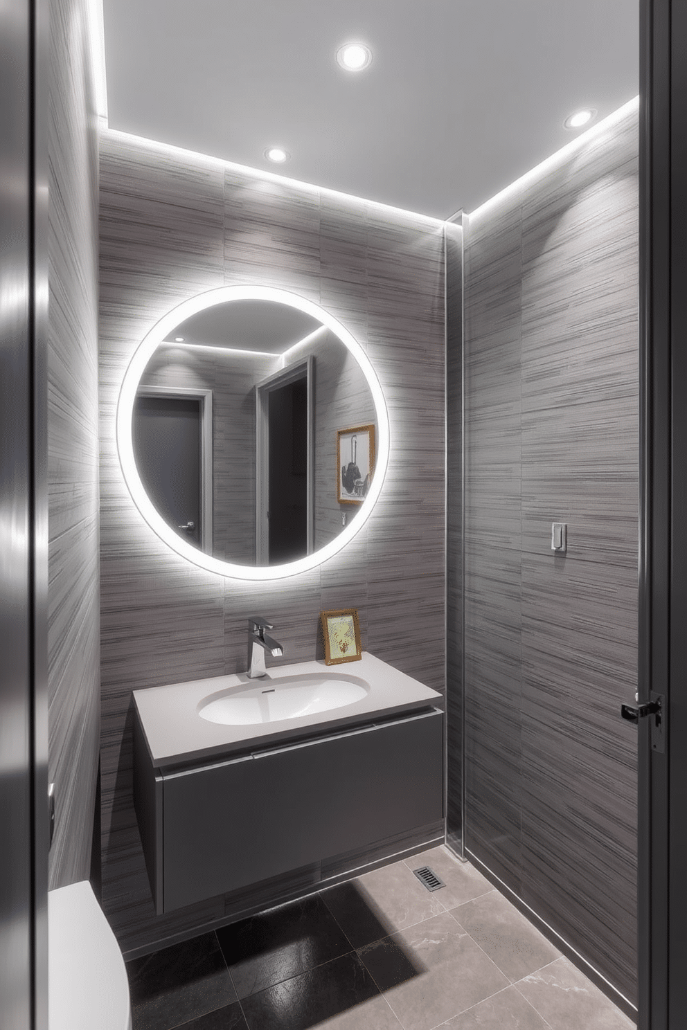 A chic gray powder room featuring integrated gray lighting fixtures that enhance the modern aesthetic. The walls are adorned with textured gray wallpaper, complemented by a sleek floating vanity with a polished chrome faucet. A large round mirror with built-in LED lighting reflects the sophisticated ambiance, while a stylish gray tile floor adds depth to the space. Decorative elements include a minimalist art piece and a small potted plant, creating a serene yet elegant atmosphere.