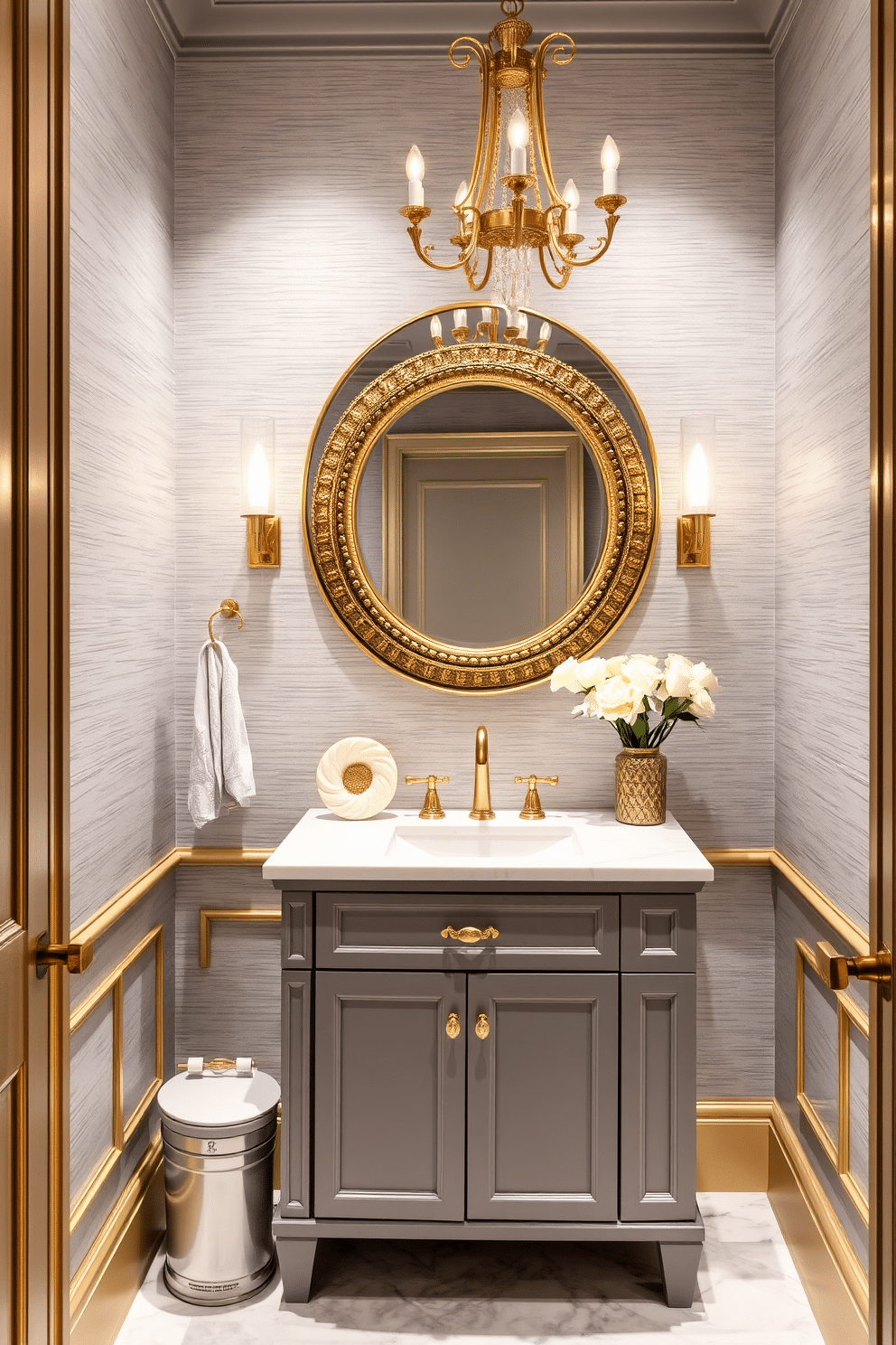 A luxurious powder room featuring a stunning gray and gold color scheme. The walls are adorned with a soft gray wallpaper that has a subtle texture, while the trim and moldings are painted in a rich gold hue. The centerpiece is a sleek gray vanity with gold hardware, topped with a white marble countertop that adds elegance. Above the vanity, a large round mirror with an ornate gold frame reflects the ambient lighting from a chic chandelier overhead.