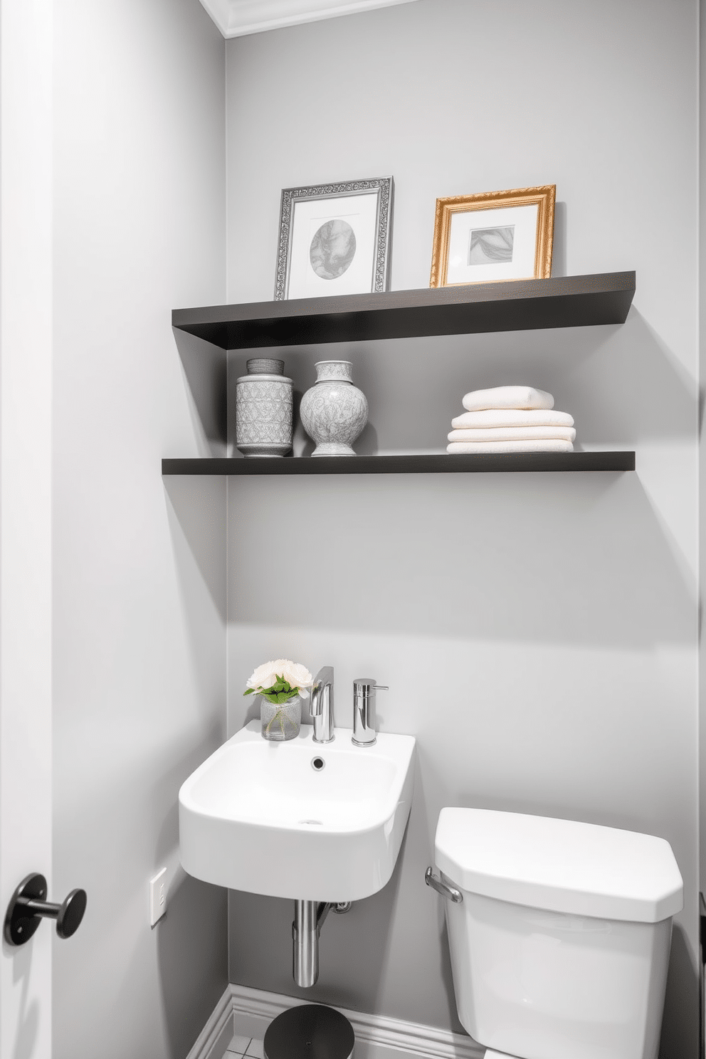 A chic powder room featuring floating shelves adorned with elegant gray decor accents. The walls are painted a soft gray, creating a serene atmosphere complemented by sleek, modern fixtures.