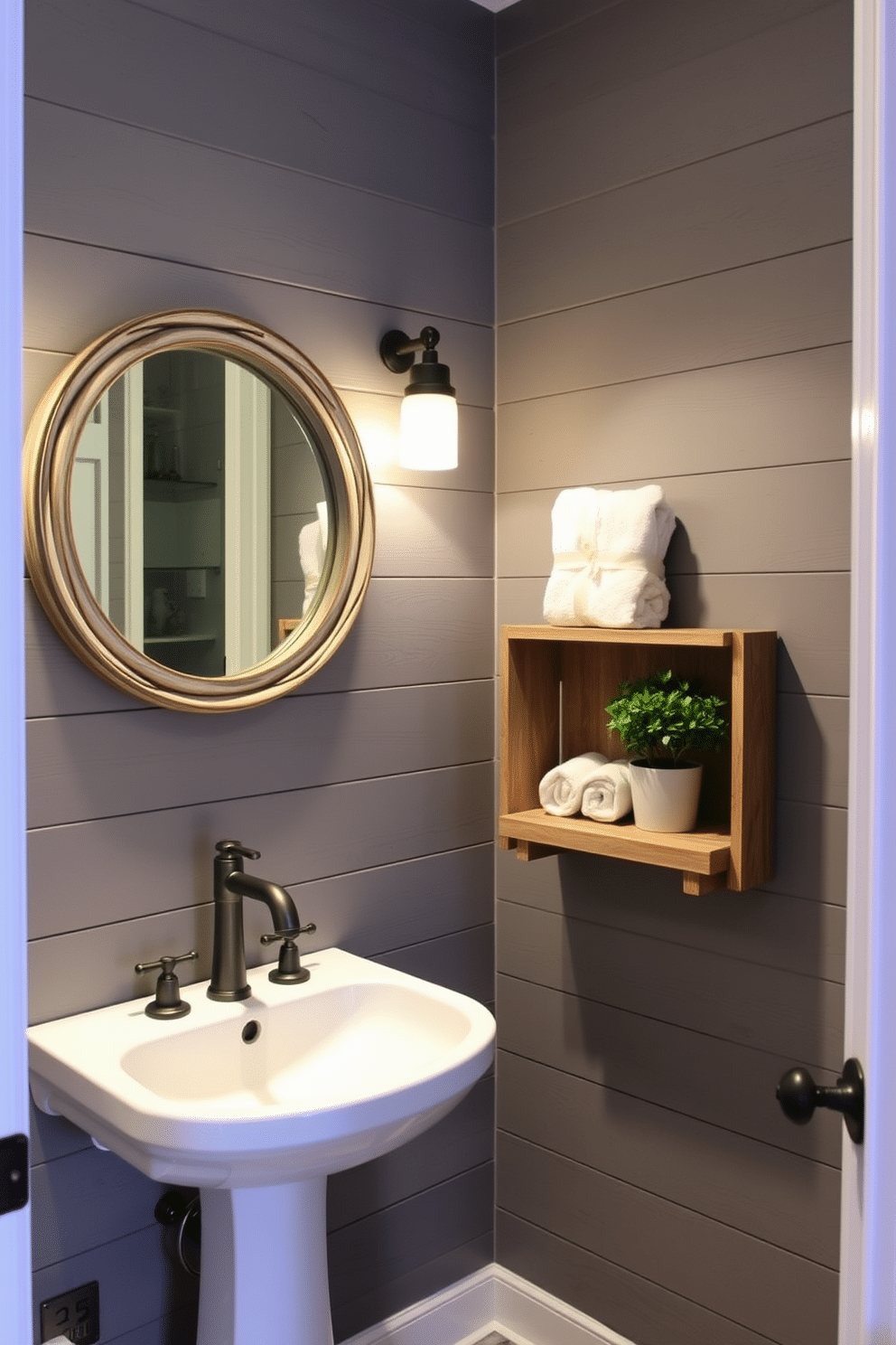 A cozy powder room featuring gray shiplap walls that evoke rustic charm. The space includes a sleek pedestal sink with a vintage-style faucet, complemented by a round mirror framed in distressed wood. Soft ambient lighting illuminates the room, highlighting the textured walls and creating a warm atmosphere. A small wooden shelf holds neatly rolled towels and a potted plant, adding a touch of greenery to the design.