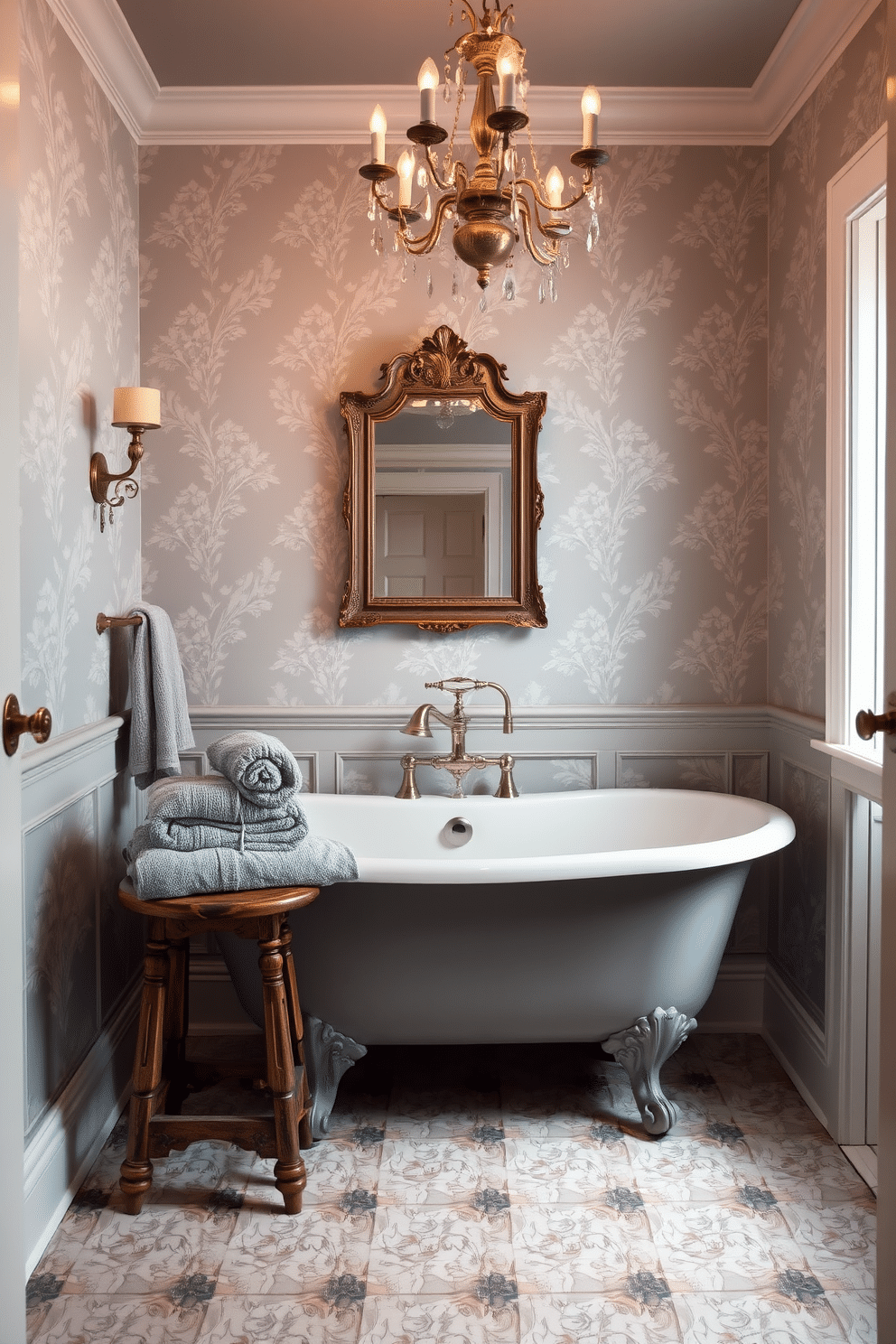 A vintage gray clawfoot tub serves as the stunning centerpiece of this elegant powder room. The walls are adorned with soft gray wallpaper featuring delicate floral patterns, creating a serene atmosphere. Adjacent to the tub, a rustic wooden stool holds plush towels in coordinating shades of gray. A vintage chandelier hangs from the ceiling, casting a warm glow over the space and enhancing its timeless charm.