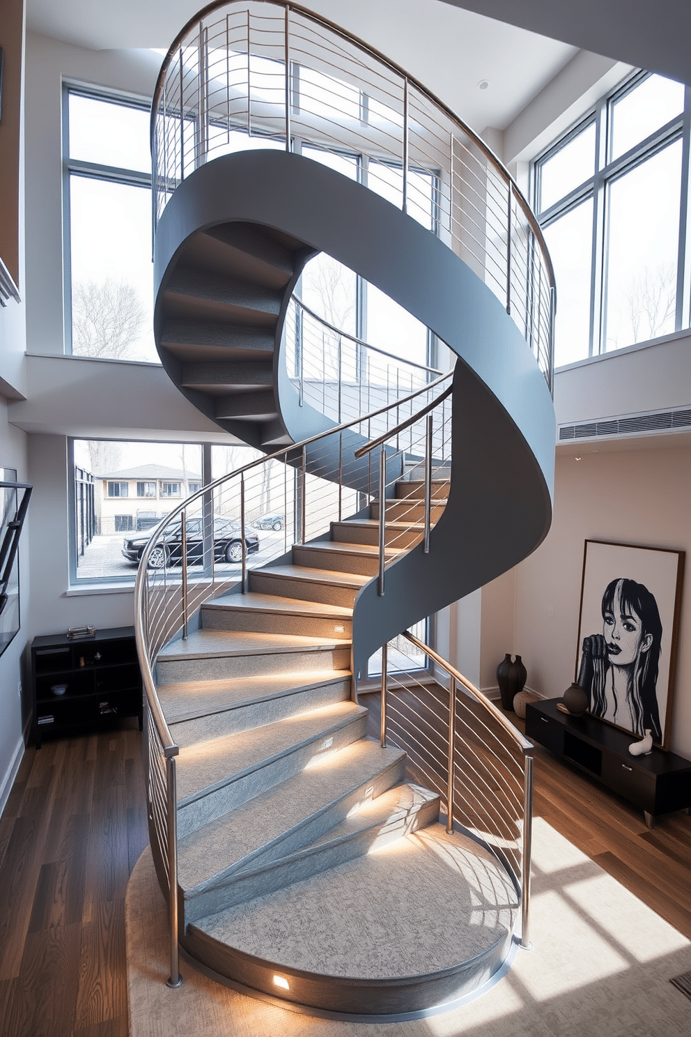 A stunning gray spiral staircase gracefully ascends through a modern living space, featuring sleek metal railings that complement the contemporary aesthetic. The staircase is illuminated by soft, ambient lighting, highlighting the elegant curves and textures of the gray steps. Surrounding the staircase, large windows allow natural light to flood the area, creating a bright and airy atmosphere. The walls are adorned with minimalist artwork, enhancing the sophisticated design of the space.