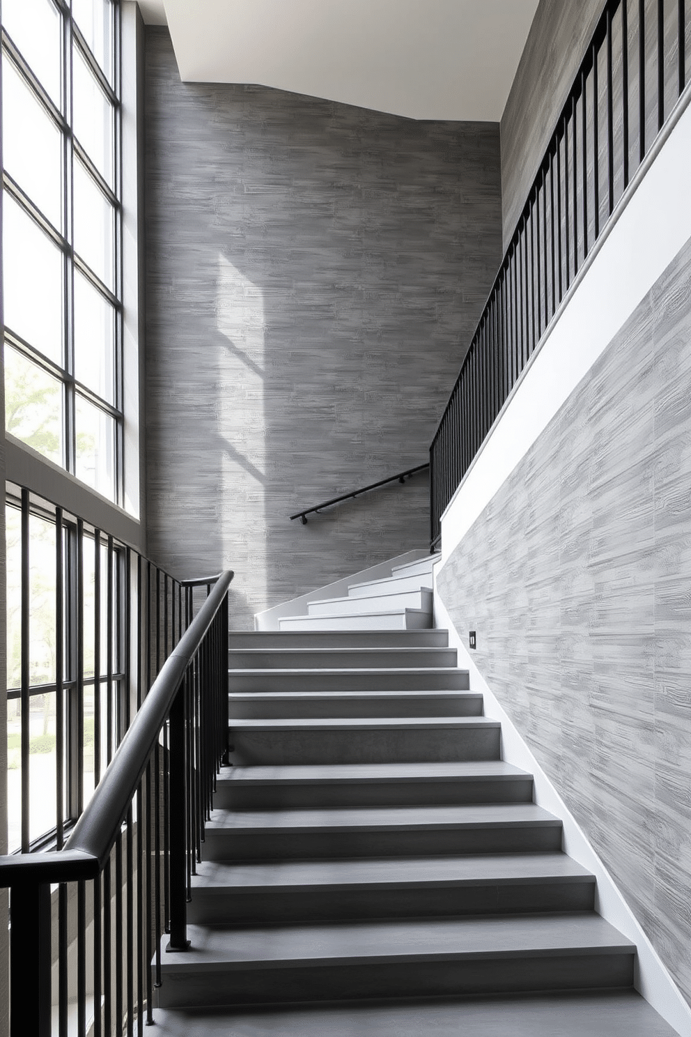 Textured gray wallpaper adorns the walls of a grand staircase, adding depth and sophistication to the space. The staircase features sleek, gray steps that complement the wallpaper, creating a seamless and modern aesthetic. Large windows allow natural light to flood the area, highlighting the rich textures of the wallpaper. Stylish metal railings in a matte black finish provide a striking contrast, enhancing the overall elegance of the design.