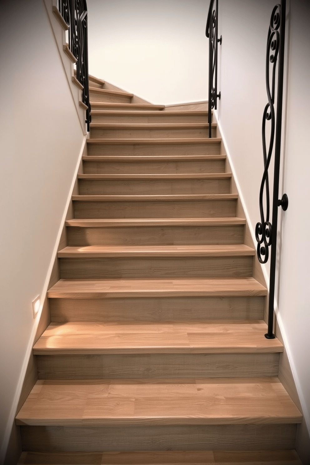 Rustic gray wood stairs with intricate iron details create a stunning focal point in any home. The warm tones of the gray wood are beautifully contrasted by the sleek, dark iron accents that enhance the staircase's character. The steps feature a weathered finish, showcasing the natural grain and texture of the wood. Recessed lighting along the staircase highlights the craftsmanship and adds a soft glow to the overall ambiance.