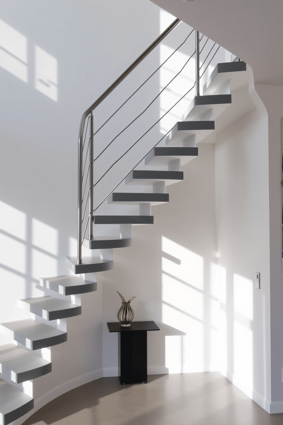 A striking floating gray staircase elegantly ascends through a bright, open space, showcasing clean lines and a minimalist aesthetic. The treads are made of smooth gray concrete, with sleek metal railings that enhance the contemporary feel of the home. Natural light floods the area, highlighting the staircase's unique design and casting interesting shadows on the walls. Below, a small, modern console table complements the staircase, adorned with a simple decorative piece that adds a touch of warmth to the minimalist environment.