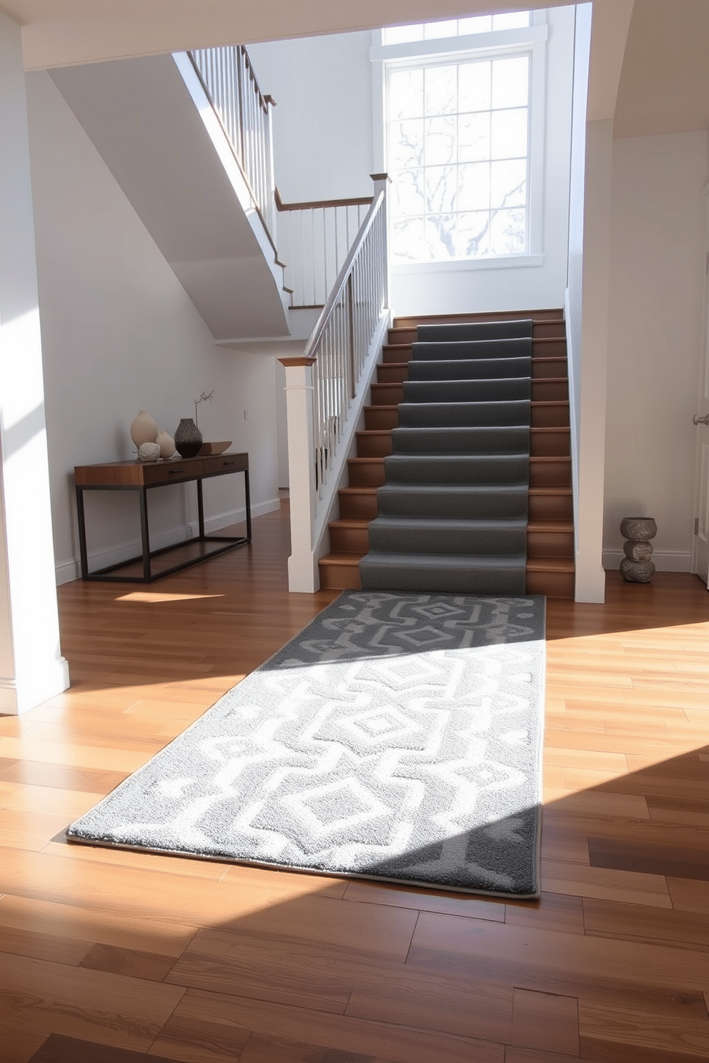 A stunning gray staircase features a plush runner adorned with geometric patterns that create a striking visual contrast against the smooth, polished wood of the steps. The walls are painted in a soft white, enhancing the modern aesthetic and allowing the runner's intricate design to stand out. The staircase is illuminated by natural light filtering through a large window, casting beautiful shadows that accentuate the geometric shapes. At the base of the stairs, a sleek console table holds decorative items that complement the overall color scheme and style.