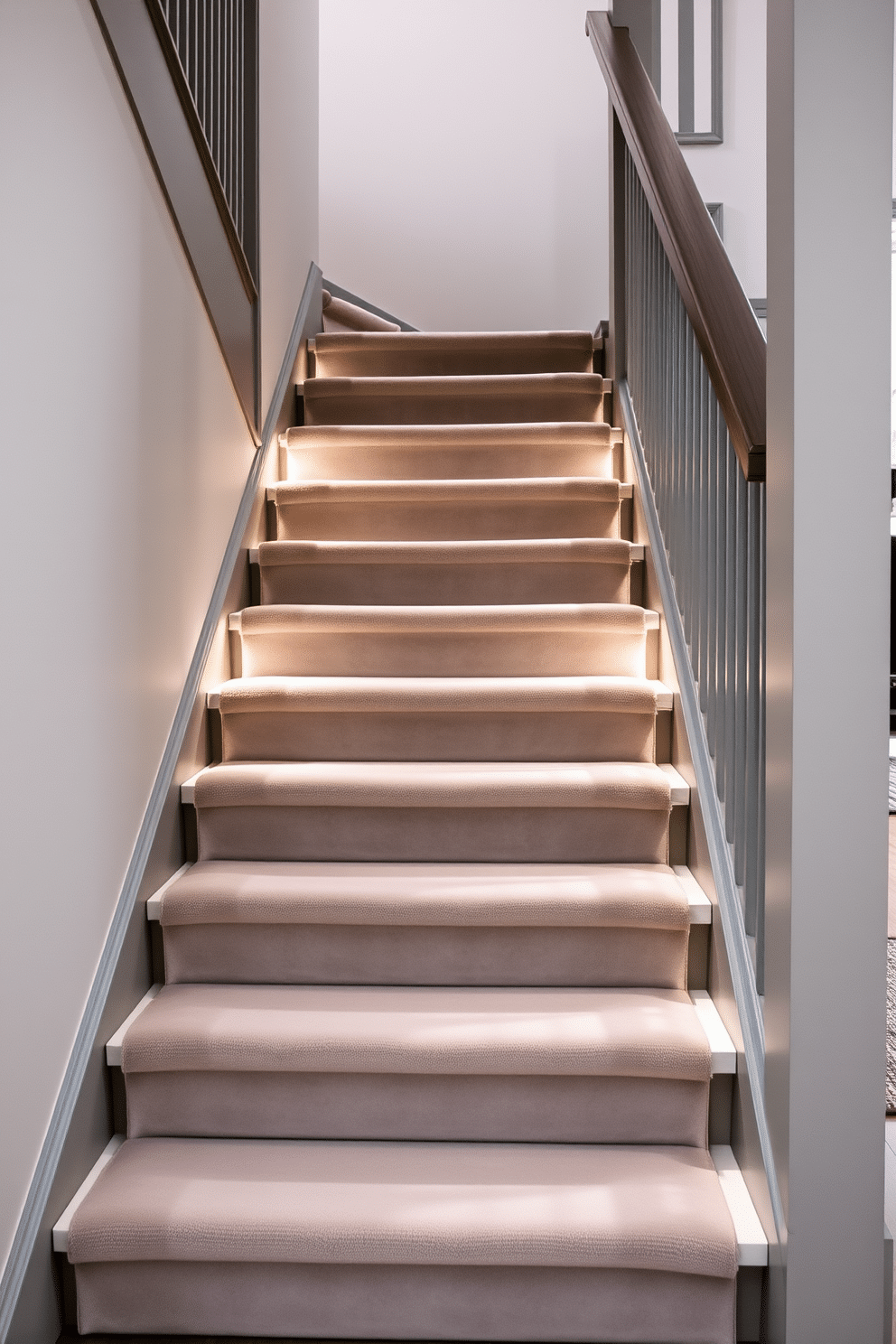 Elegant gray velvet upholstered stair treads create a luxurious and inviting atmosphere. The soft texture of the velvet contrasts beautifully with the sleek lines of the modern gray staircase, enhancing the overall elegance of the space. Incorporating subtle lighting along the staircase enhances its sophistication while highlighting the plush treads. The combination of gray tones and rich textures adds depth and warmth, making the staircase a stunning focal point in the home.