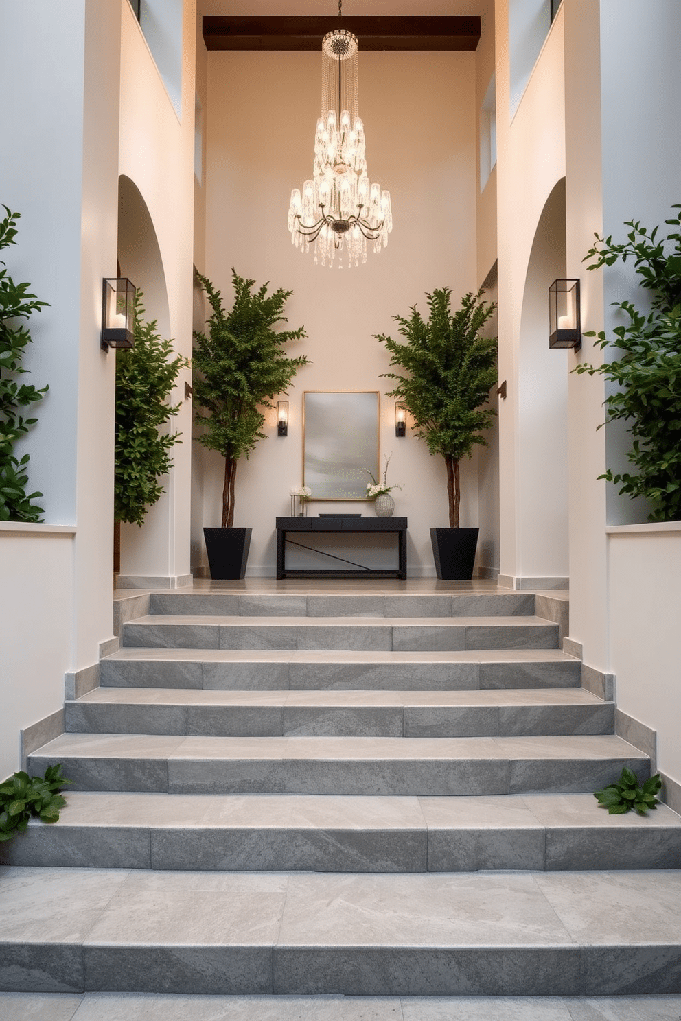 Cascading gray stone steps lead into a grand entryway, flanked by lush greenery and elegant lighting fixtures. The steps feature a textured finish that contrasts beautifully with the smooth, polished walls painted in a soft white hue. At the top of the staircase, a stunning chandelier hangs, casting a warm glow over the space. The entryway is adorned with a minimalist console table, topped with decorative accents that enhance the sophisticated atmosphere.