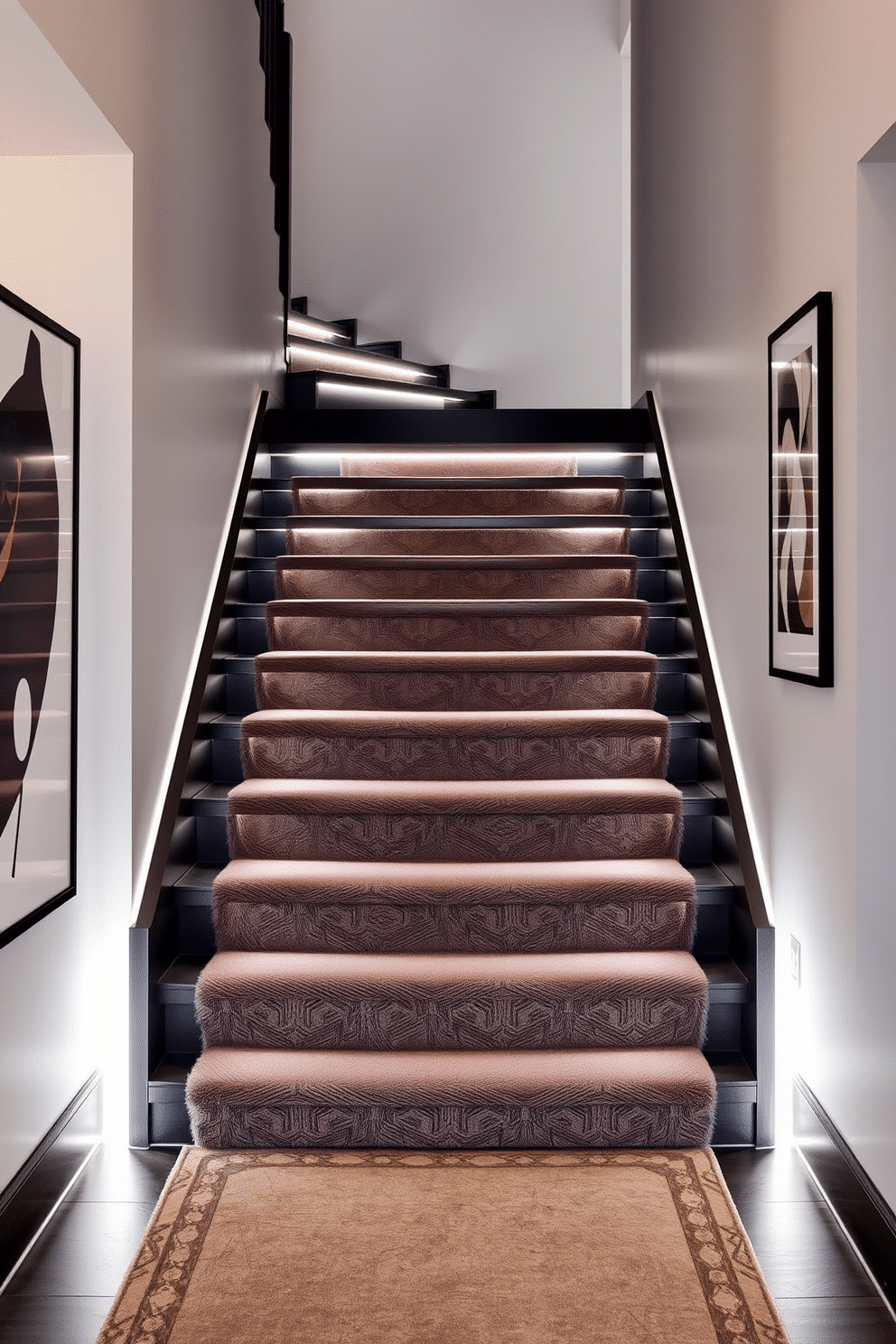 A striking dark gray staircase with illuminated edges creates a modern focal point in the entryway. The sleek, minimalist design features open risers that enhance the sense of space and light, while the soft glow from the edge lighting adds a touch of elegance. The surrounding walls are adorned with contemporary artwork, complementing the staircase's sophisticated aesthetic. A plush runner in a contrasting color provides warmth and texture, inviting guests to ascend with ease.