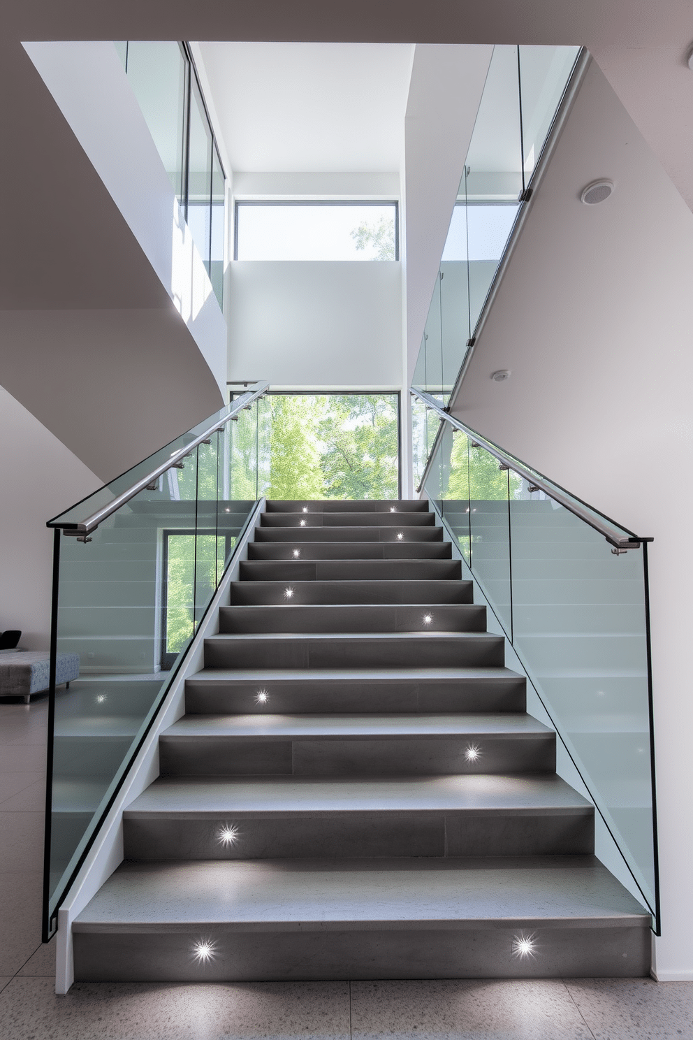 A modern gray staircase made of sleek concrete steps seamlessly transitions into a glass railing that enhances the airy ambiance of the space. Natural light floods the area, creating a bright and inviting atmosphere that complements the minimalist design. The staircase features a floating design, giving it a sense of weightlessness, while the soft gray tones harmonize with the surrounding decor. Strategically placed LED lights illuminate the steps, adding a contemporary touch and ensuring safety without compromising aesthetics.