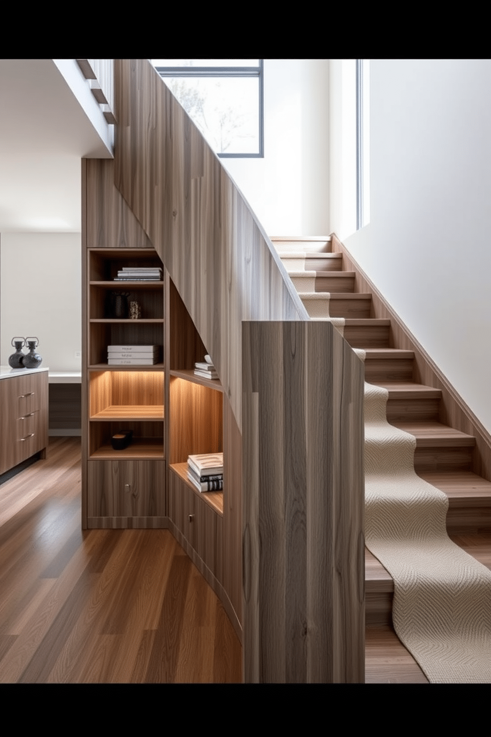 A modern gray wood staircase featuring integrated storage solutions seamlessly blends functionality and style. The sleek, minimalist design showcases open risers and built-in shelving beneath each step, creating a striking visual effect. The staircase is adorned with a soft, neutral runner that adds warmth and texture. Natural light floods the space through a large window, highlighting the elegant grain of the gray wood and enhancing the overall ambiance.