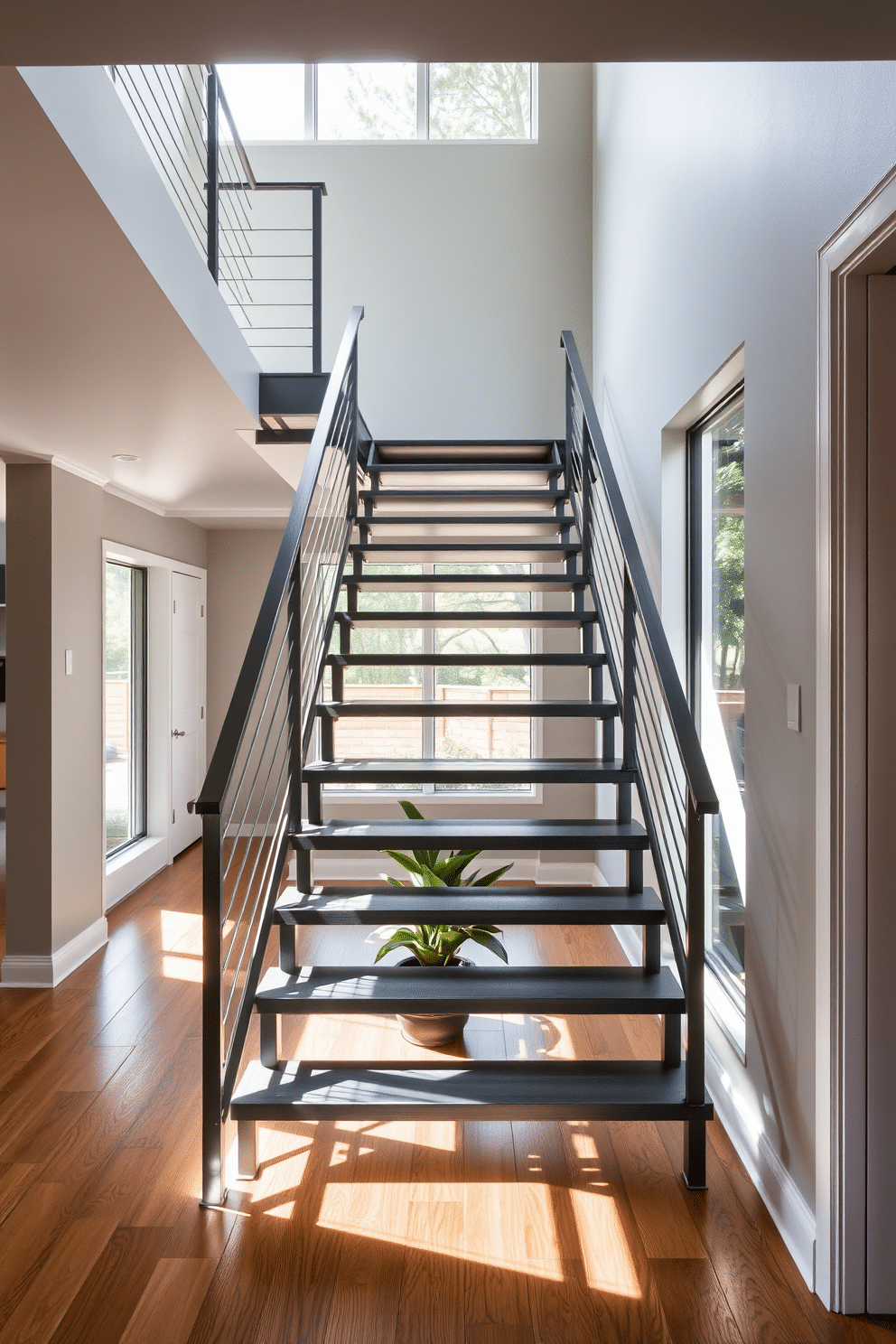 Sleek gray metal stairs with an open design create a modern focal point in the entryway. The staircase features minimalist railings and is illuminated by natural light streaming through large windows, enhancing its contemporary aesthetic. The steps are crafted from brushed gray metal, offering a striking contrast against the warm wooden flooring below. A decorative potted plant sits at the base of the stairs, adding a touch of greenery to the sophisticated space.