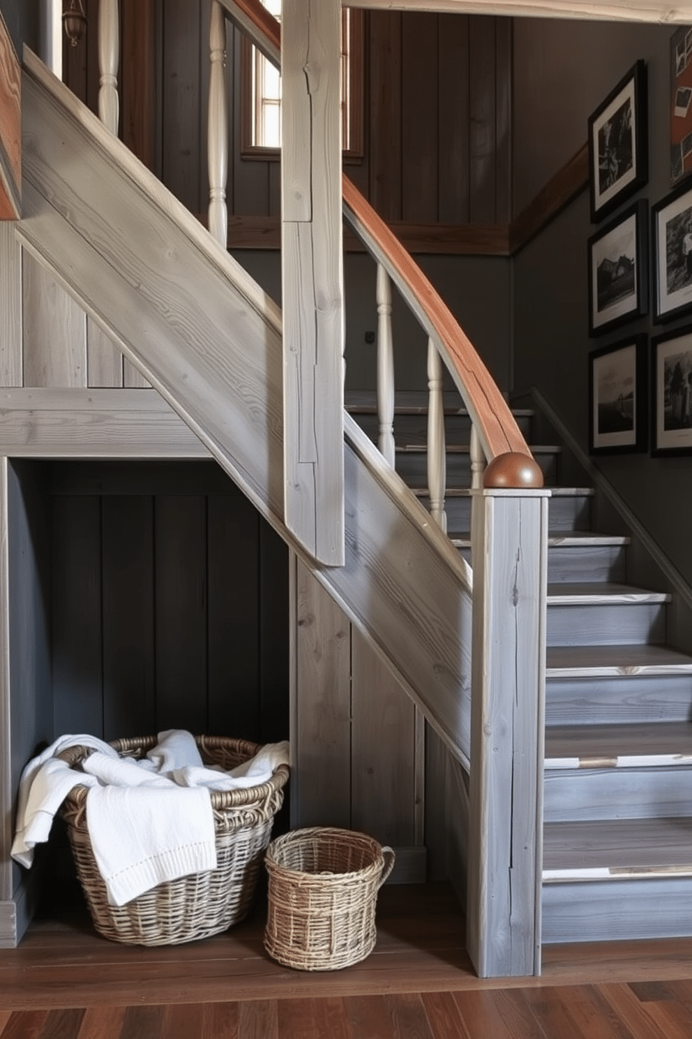 A weathered gray wood staircase winds gracefully through a cozy, rustic home, showcasing its natural imperfections and textures. The staircase is framed by exposed wooden beams, and soft lighting highlights the unique grain of the wood, creating an inviting atmosphere. At the base of the staircase, a woven basket filled with blankets adds a touch of warmth, while a vintage wooden bench provides a perfect spot to sit and admire the craftsmanship. The walls are adorned with framed black-and-white photographs that complement the rustic charm of the gray wood.