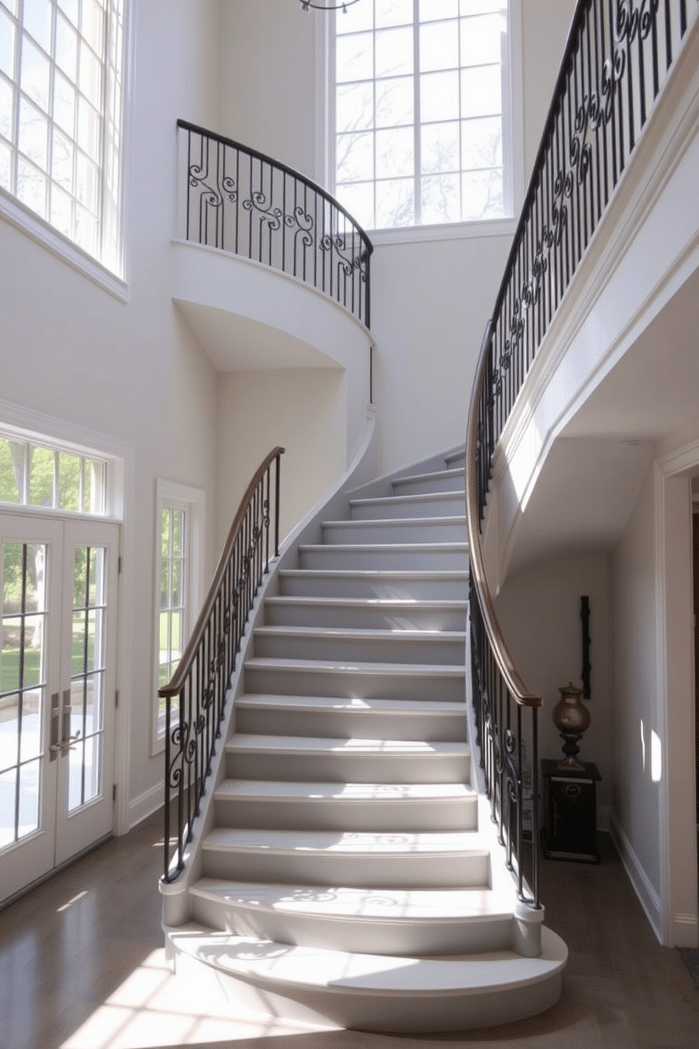 A stunning curved gray staircase gracefully ascends, creating a dramatic focal point in the entryway. The staircase features sleek, smooth lines with a soft gray finish, complemented by elegant wrought iron railings that add a touch of sophistication. The surrounding walls are adorned with soft, neutral tones, allowing the staircase to stand out as a centerpiece. Natural light floods the space through large windows, casting beautiful shadows and highlighting the staircase's graceful curves.