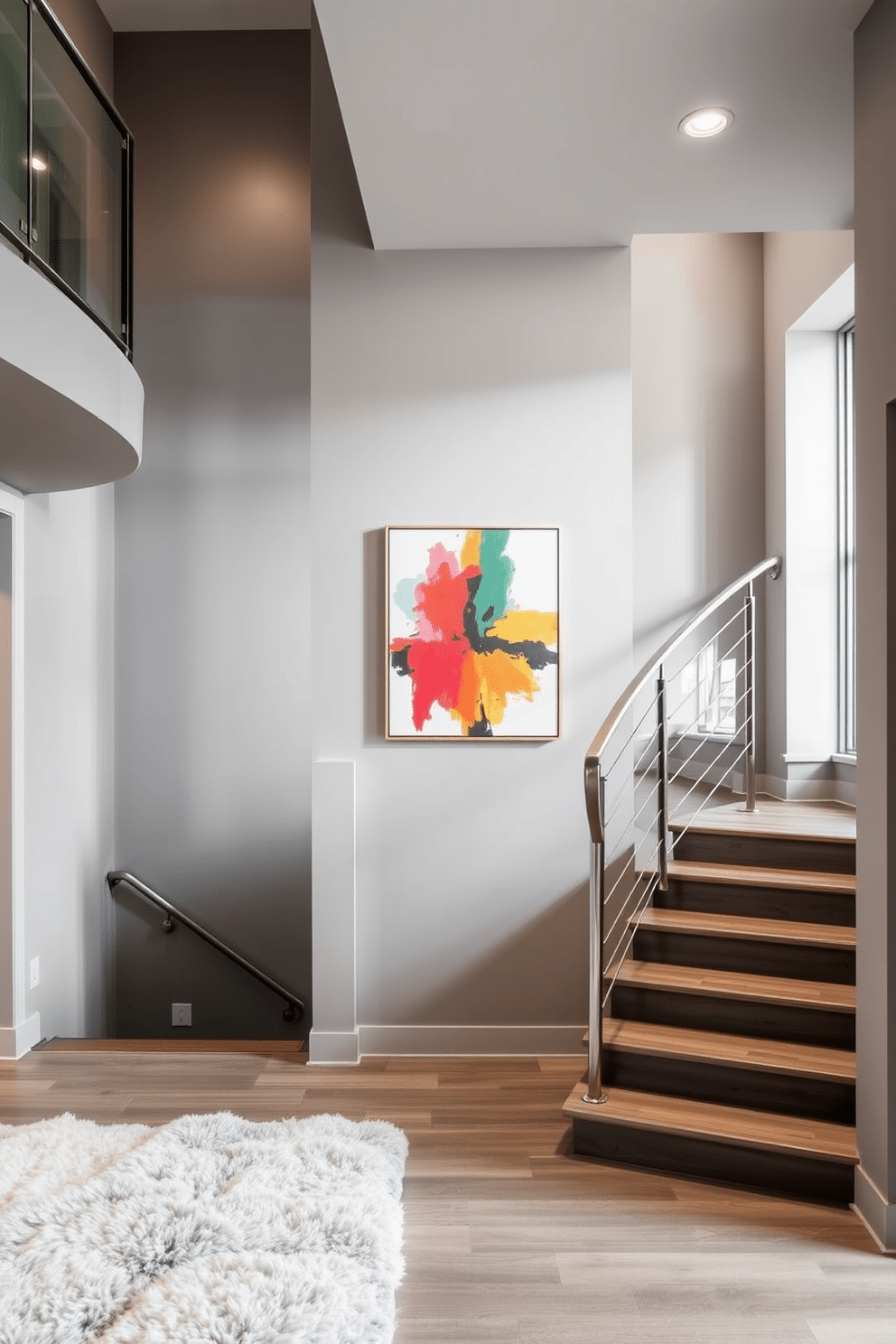 A sophisticated gray stair landing features a sleek, modern design with a plush area rug that adds warmth to the space. On the wall, a striking piece of abstract artwork in bold colors contrasts beautifully with the muted gray tones of the landing. The staircase itself is elegantly designed with a combination of glass and metal railings, allowing natural light to flow through. Soft, recessed lighting highlights the artwork and creates an inviting atmosphere in this refined setting.