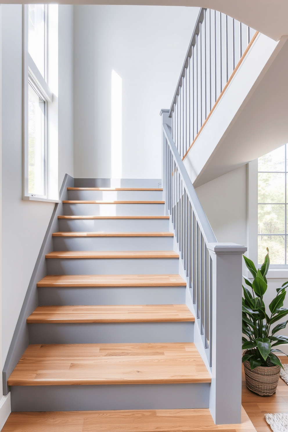 A sleek gray staircase features risers painted in a soft gray tone, creating a modern contrast with the warm natural wood treads. The design incorporates minimalist metal railings, enhancing the open feel of the space while allowing light to flow through. Adjacent to the staircase, a large window floods the area with natural light, highlighting the textures of both the wood and paint. Decorative elements, such as a potted plant at the base of the stairs, add a touch of greenery and warmth to the overall aesthetic.