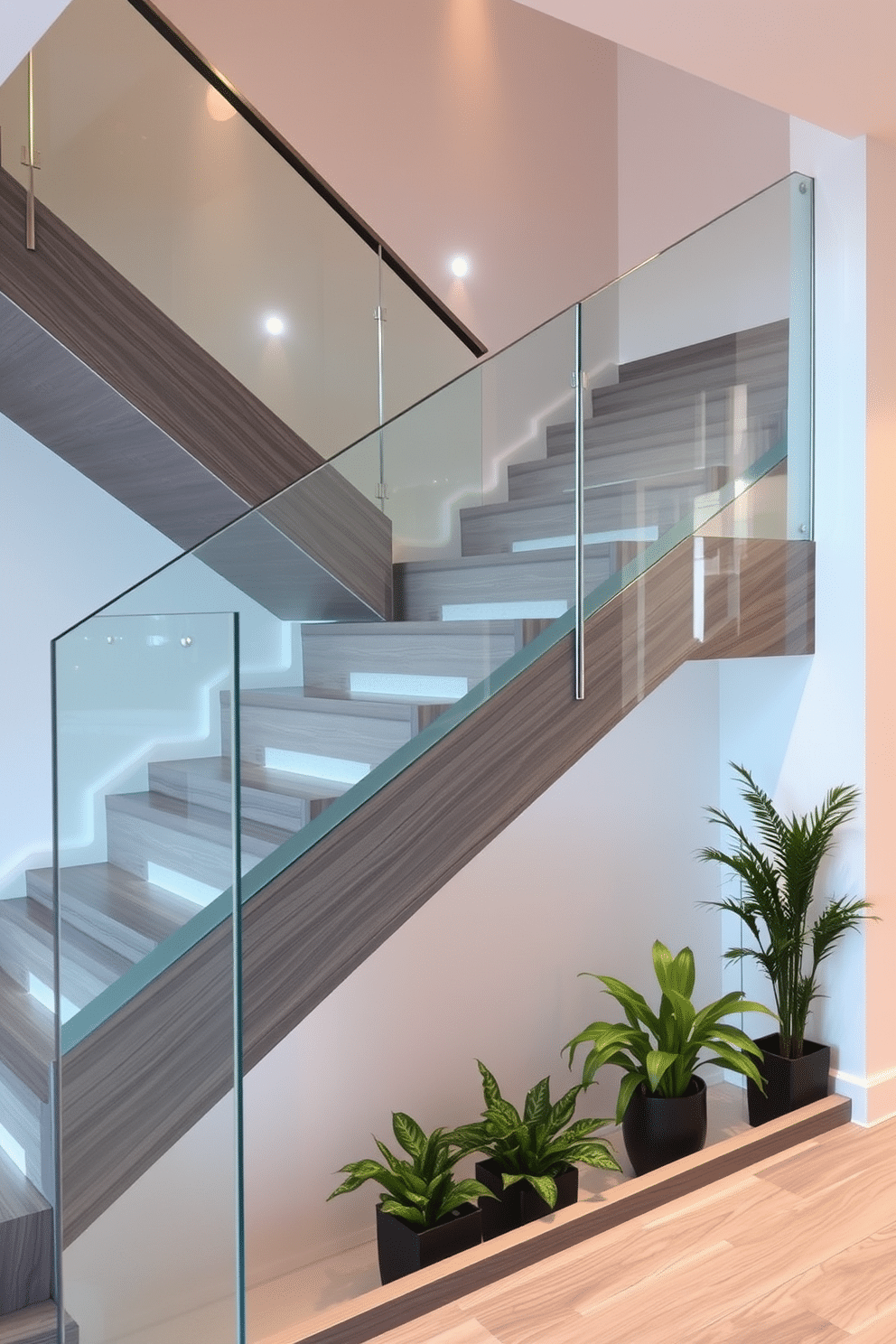 A modern staircase featuring a sleek glass railing complemented by elegant gray wood accents. The staircase is illuminated by strategically placed recessed lighting, enhancing the contemporary aesthetic while providing a warm ambiance. The steps are crafted from rich gray wood, showcasing a smooth finish that contrasts beautifully with the transparent glass. Below the staircase, a minimalist space is utilized for decorative plants, adding a touch of greenery to the design.