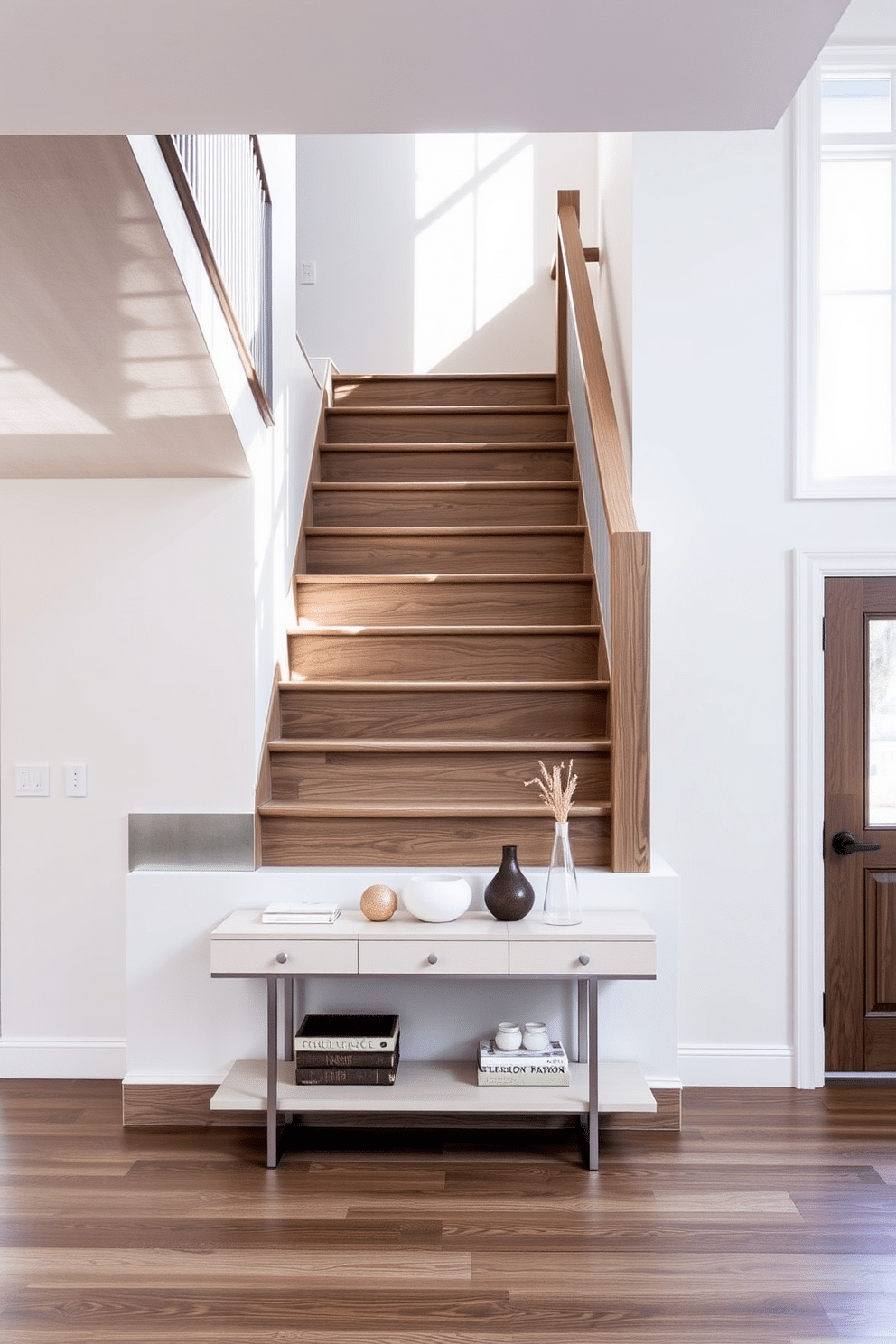 A stunning staircase made of stained gray oak, featuring a sleek, matching handrail that complements the overall aesthetic. Natural light pours in from a nearby window, highlighting the rich grain of the wood and creating a warm, inviting atmosphere. The stairs are set against a backdrop of soft white walls, enhancing the elegance of the gray tones. Below the staircase, a minimalist console table with decorative accents adds a touch of sophistication to the entryway.