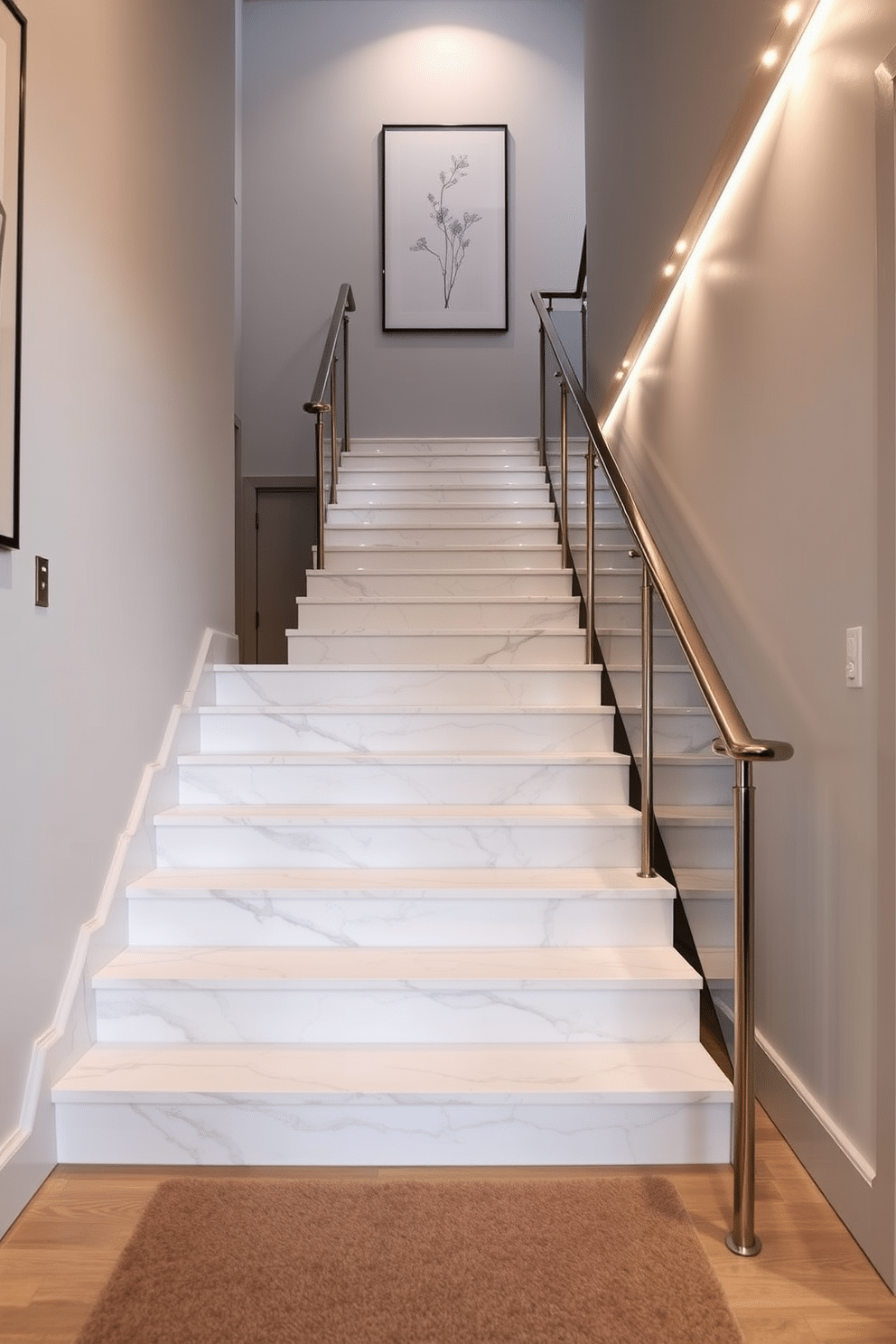 Light gray marble steps with a sleek finish cascade down a contemporary staircase, creating an elegant focal point in the entryway. The walls are adorned with minimalist artwork, enhancing the modern aesthetic while the polished metal railing adds a touch of sophistication. The staircase features subtle LED lighting integrated into the risers, illuminating the path and providing a warm ambiance. A plush runner in a muted tone complements the marble, offering both style and comfort underfoot.