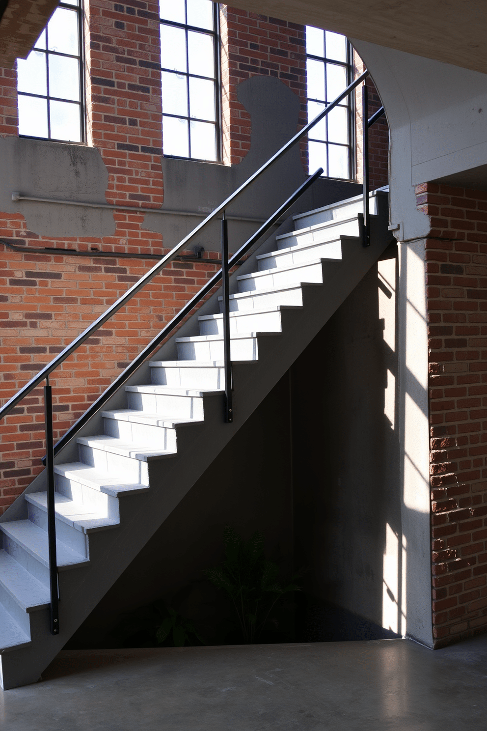 An industrial gray concrete staircase ascends with a sleek, minimalist design, featuring a sturdy metal railing that complements the raw aesthetic. The staircase is illuminated by natural light streaming in from large windows, casting shadows that enhance the texture of the concrete. The walls adjacent to the staircase are adorned with exposed brick, adding warmth and character to the space. Below the staircase, a small nook is created for decorative plants, bringing a touch of greenery to the industrial setting.