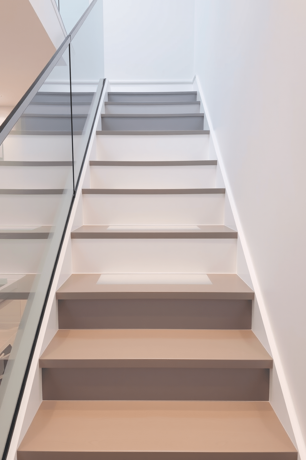 A modern staircase featuring a two-tone design in gray and white. The steps are a sleek gray with a matte finish, while the risers are a crisp white, creating a striking contrast. The staircase is framed by a minimalist glass railing that enhances the open feel of the space. Soft, ambient lighting illuminates the staircase, highlighting the elegant lines and textures of the materials used.