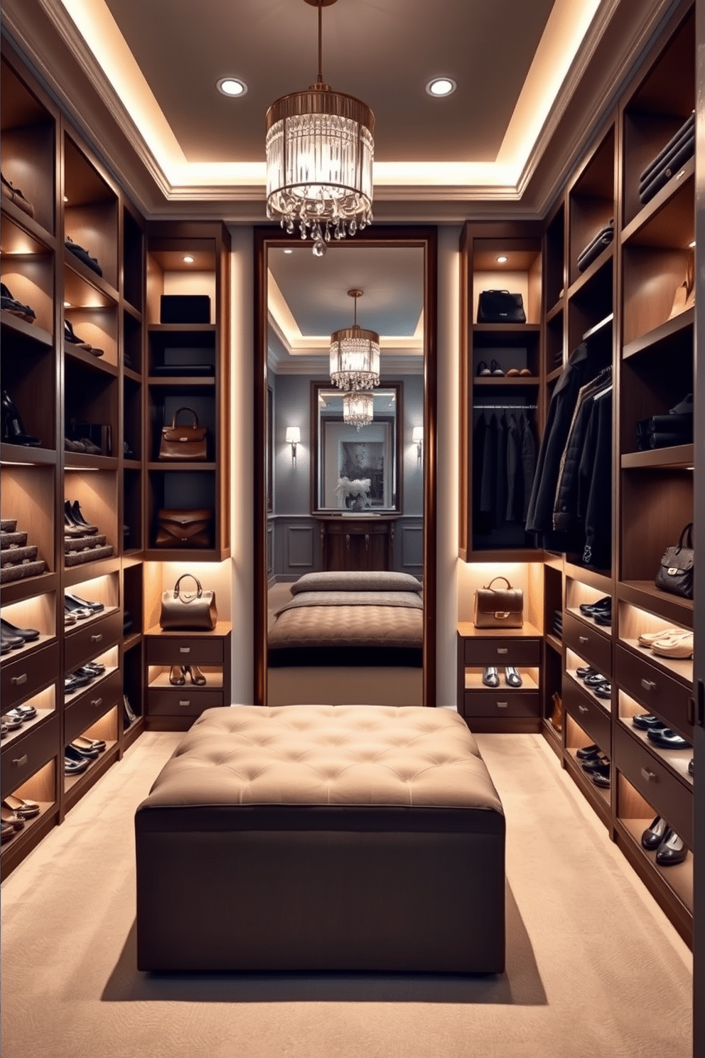 A luxurious walk-in closet featuring mood lighting integrated into recessed shelves, creating an inviting and stylish ambiance. The shelves are lined with designer shoes and handbags, while a plush ottoman sits in the center for comfort and convenience. The walls are adorned with soft gray tones, complemented by elegant lighting fixtures that enhance the overall aesthetic. A full-length mirror reflects the meticulously organized space, showcasing a blend of functionality and high-end design.