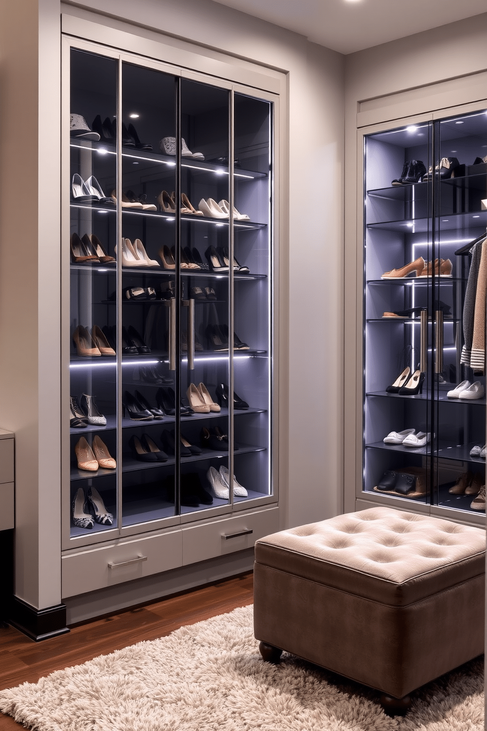 A chic walk-in closet featuring glass-front cabinets for stylish display. The cabinets are filled with neatly arranged shoes and accessories, while soft LED lighting highlights the elegant pieces within. The walls are painted in a soft gray, creating a serene atmosphere. A plush area rug in a complementary hue adds warmth underfoot, and a stylish ottoman provides a comfortable spot for dressing.