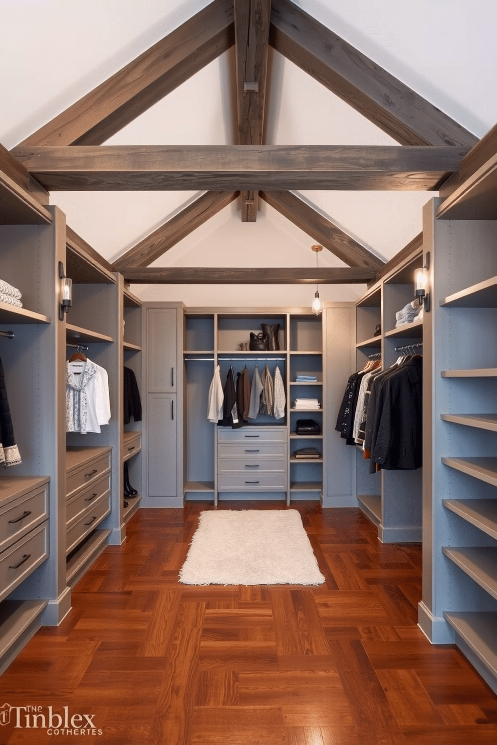 A rustic gray walk-in closet features exposed wooden beams that stretch across the ceiling, adding warmth and character to the space. The walls are adorned with soft, neutral tones, while the flooring consists of rich hardwood that complements the gray beams beautifully. The closet is designed with custom shelving and hanging spaces, offering ample storage for clothing and accessories. Elegant lighting fixtures are strategically placed to illuminate the area, creating a cozy yet functional atmosphere.