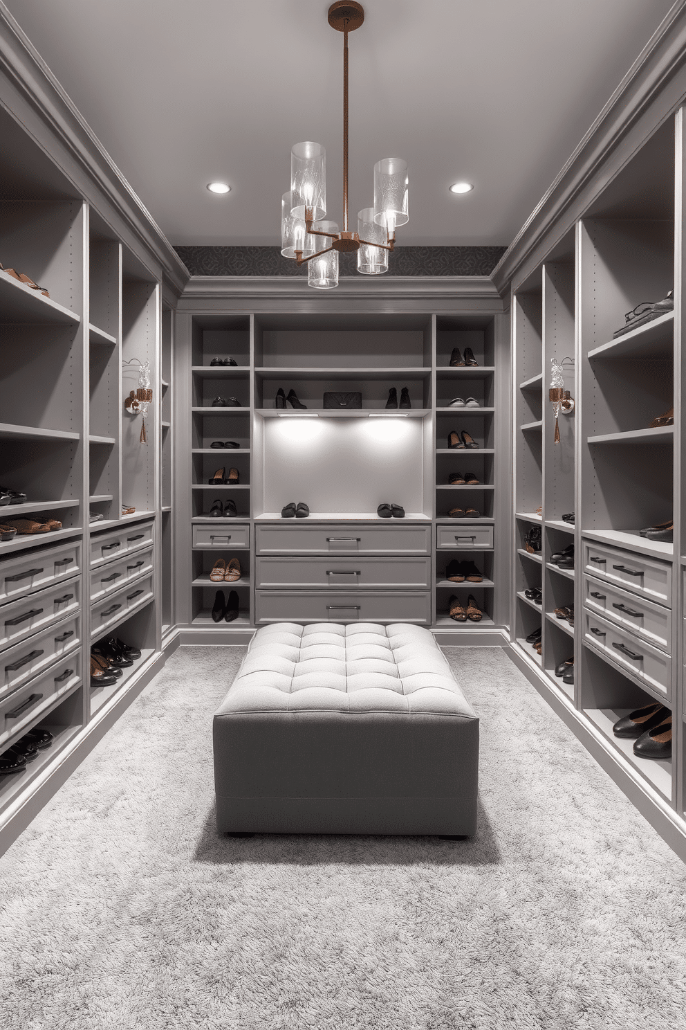 A luxurious walk-in closet featuring a monochromatic gray color scheme. The walls are adorned with soft gray wallpaper, and the floor is covered with plush gray carpeting, creating a serene atmosphere. Custom shelving units in various shades of gray provide ample storage for shoes and accessories. A sleek gray ottoman sits in the center, complemented by elegant lighting fixtures that enhance the sophisticated design.