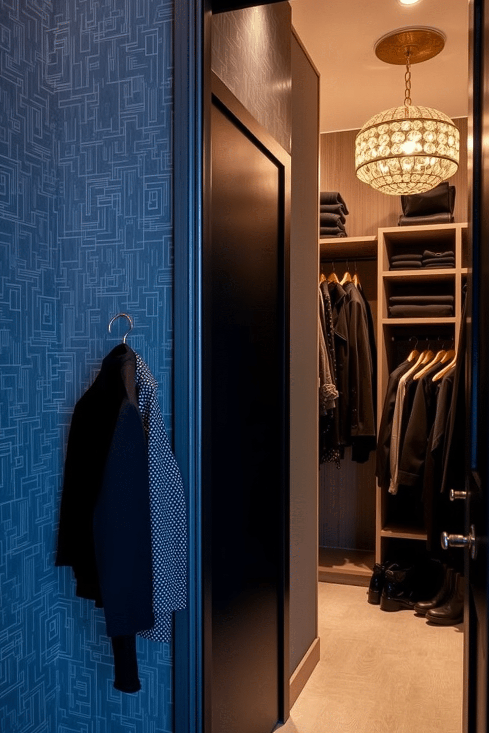 Textured gray wallpaper adds depth and sophistication to the walk-in closet, creating a serene backdrop for the space. The closet features custom shelving and hanging options, with elegant lighting that highlights the rich textures and colors of the clothing and accessories displayed.