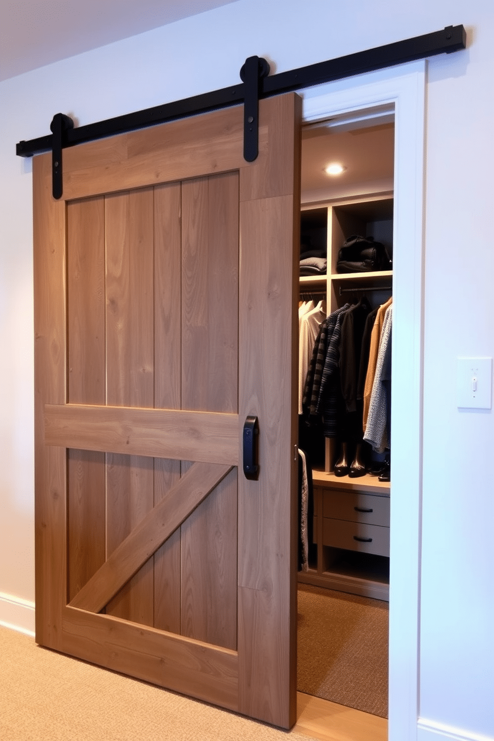 A sliding barn door serves as a striking entrance to a spacious walk-in closet, blending rustic charm with modern elegance. The door is crafted from reclaimed wood, featuring a distressed finish that adds character and warmth to the space. Inside the walk-in closet, custom shelving and hanging rods are strategically placed to maximize storage and organization. Soft, ambient lighting illuminates the area, highlighting the rich textures of the clothing and accessories on display.