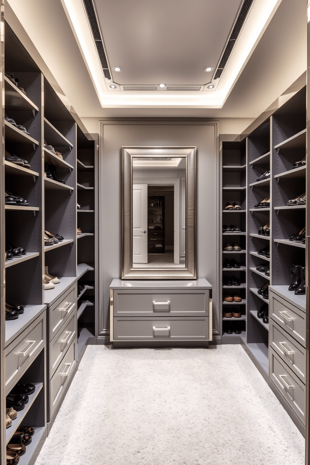 A luxurious gray walk-in closet features sleek silver accents throughout. The walls are adorned with soft gray panels, and the flooring is a plush, light gray carpet that adds warmth to the space. Custom shelving units in a polished silver finish provide ample storage for shoes and accessories. A large, illuminated mirror with a silver frame is positioned at the center, reflecting the elegant design and enhancing the overall ambiance.