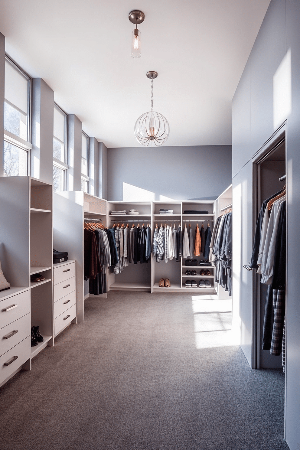 A spacious walk-in closet bathed in natural light, featuring floor-to-ceiling windows that illuminate the room. The walls are painted in a soft gray hue, complemented by sleek, modern shelving and hanging rods for clothing. Luxurious gray carpet covers the floor, adding warmth and comfort underfoot. Elegant lighting fixtures hang from the ceiling, providing a stylish touch while enhancing the overall ambiance of the space.