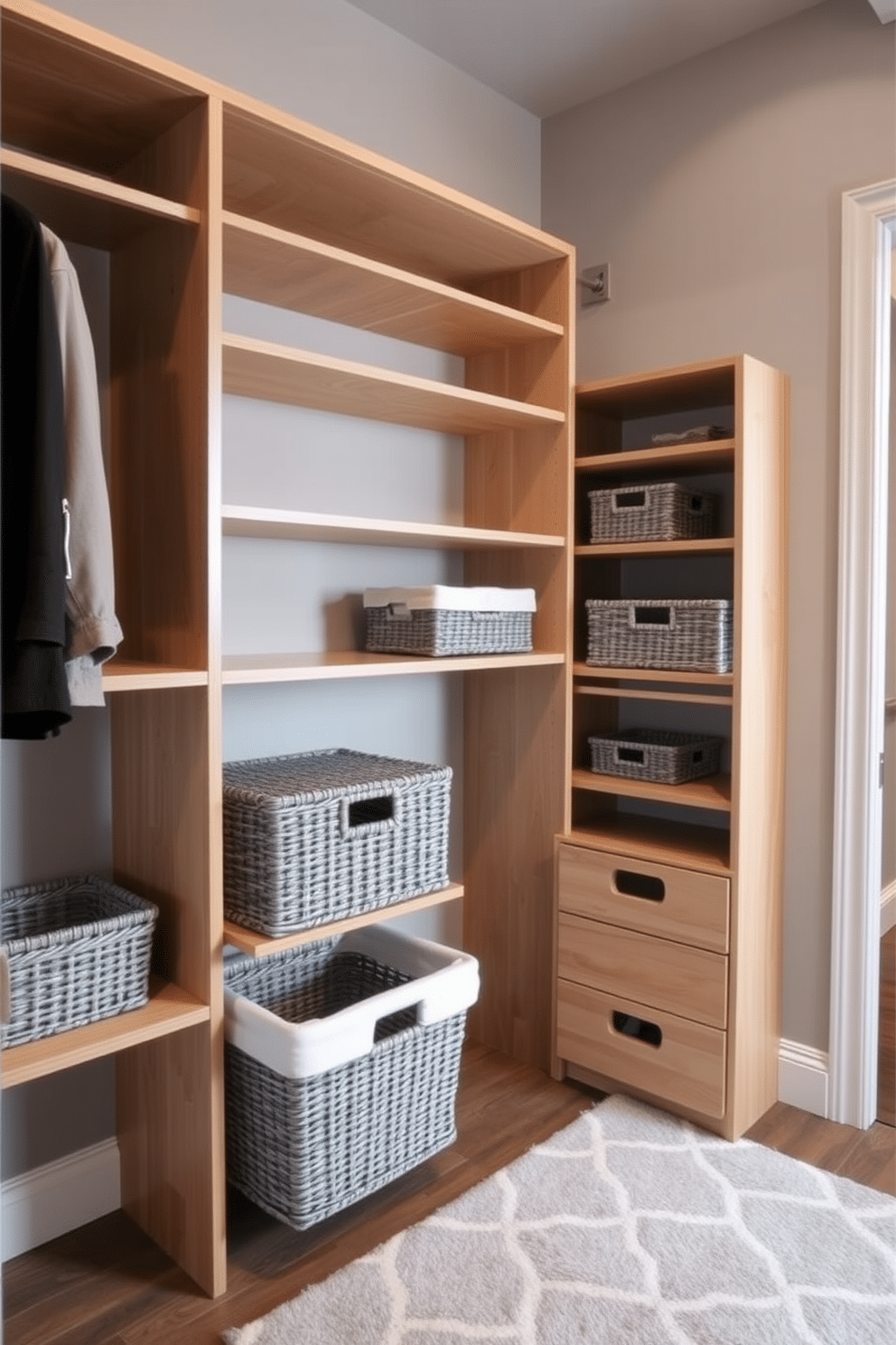 A stylish walk-in closet featuring open shelving made of light wood, complemented by gray woven baskets for organized storage. The walls are painted in a soft gray hue, and a plush area rug in a subtle geometric pattern adds warmth to the space.