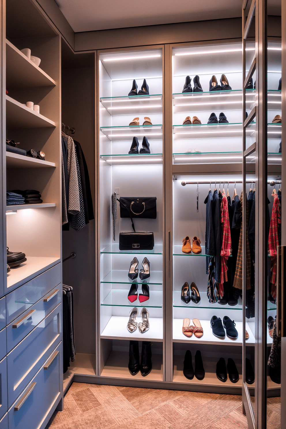 A modern walk-in closet featuring integrated lighting under sleek shelves that illuminate a curated collection of shoes and accessories. The walls are painted in a soft gray, complemented by elegant cabinetry that provides ample storage while maintaining a minimalist aesthetic.