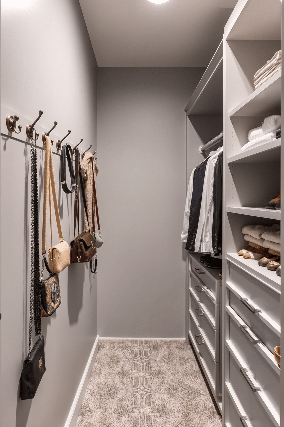 A stylish gray walk-in closet featuring decorative hooks for accessories. The walls are painted a soft gray, complemented by plush carpeting and ample lighting to create a welcoming atmosphere. On one side, a series of decorative hooks in various finishes are mounted for hanging bags, scarves, and jewelry. The opposite wall is lined with sleek shelving and drawers, providing organized storage for clothing and shoes.