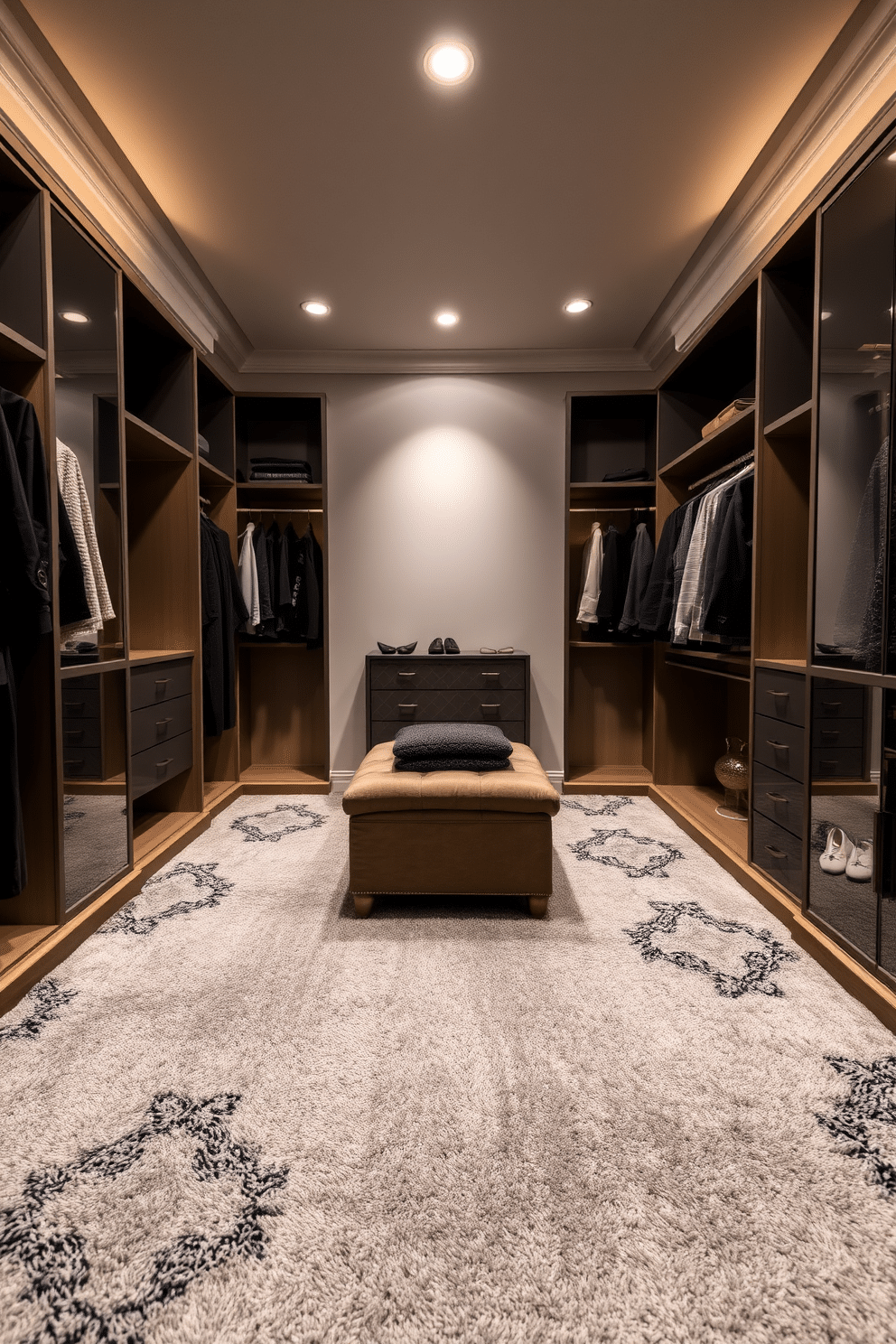 A luxurious walk-in closet featuring a plush gray carpet that creates a cozy atmosphere. The space is illuminated by soft, recessed lighting, highlighting the elegant shelving and hanging areas designed for optimal organization. The walls are adorned with a soft gray hue, complementing the carpet and enhancing the overall warmth of the room. A stylish ottoman sits in the center, providing a comfortable spot for putting on shoes or enjoying a moment of relaxation.