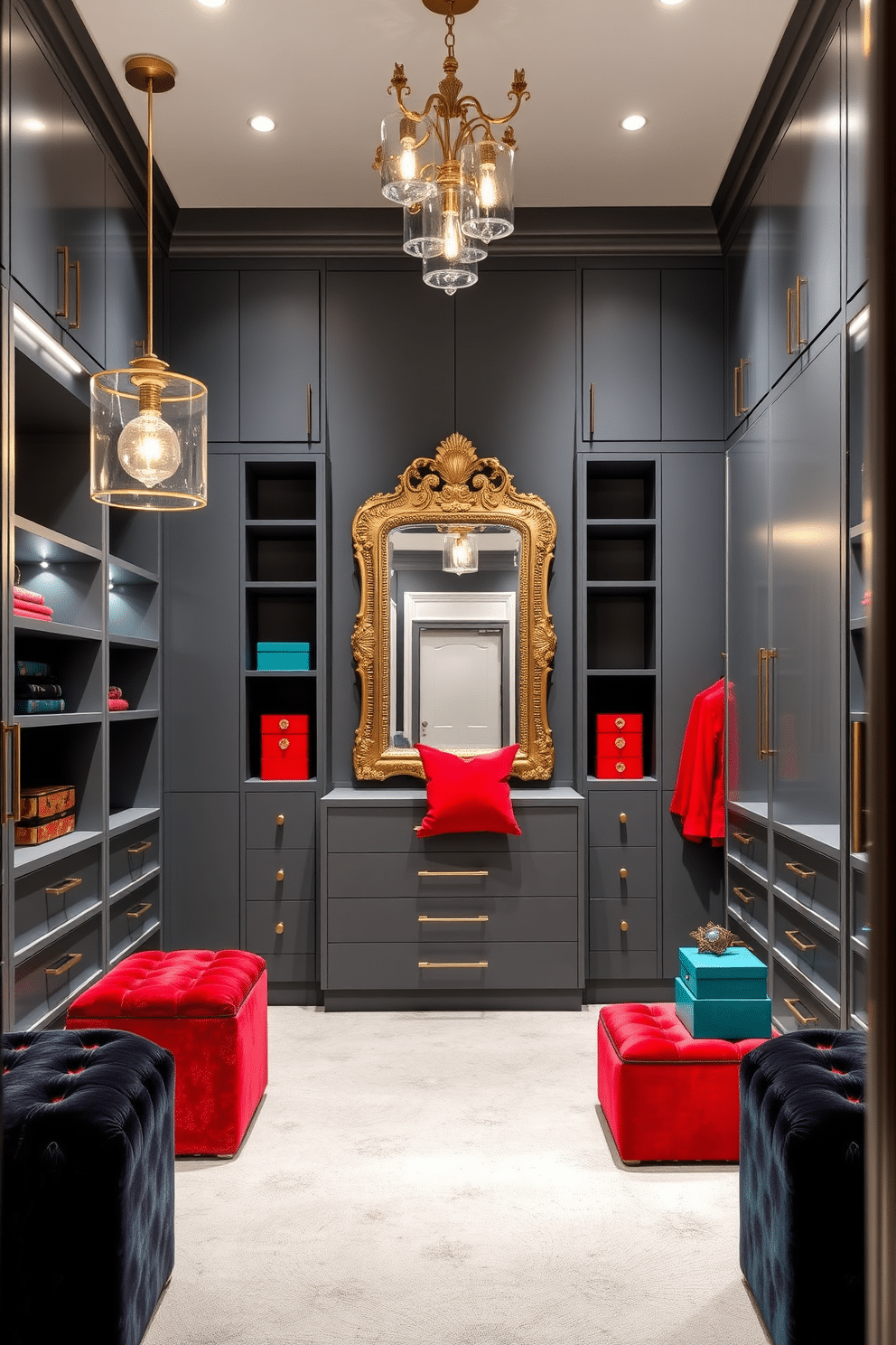 A luxurious gray walk-in closet featuring sleek, modern shelving and cabinetry. Bold accents of deep red and vibrant teal are introduced through plush ottomans and decorative storage boxes, creating a striking contrast against the gray tones. The lighting is soft and ambient, with elegant pendant lights hanging from the ceiling to enhance the sophisticated atmosphere. A large, ornate mirror with a gold frame reflects the stylish decor, adding depth and a touch of glamour to the space.