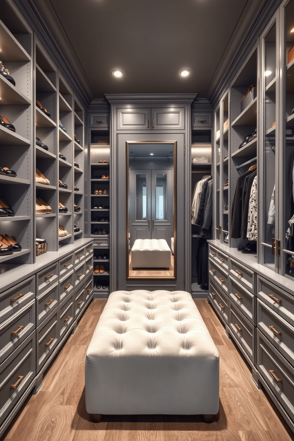 A luxurious gray walk-in closet featuring a personalized organization system. Custom shelving and drawers line the walls, providing ample space for shoes, accessories, and clothing, while a plush ottoman sits in the center for comfort. Soft, ambient lighting illuminates the space, highlighting the elegant gray tones of the cabinetry and flooring. A full-length mirror is strategically placed to enhance the sense of space and functionality, creating a serene and stylish environment for getting ready.