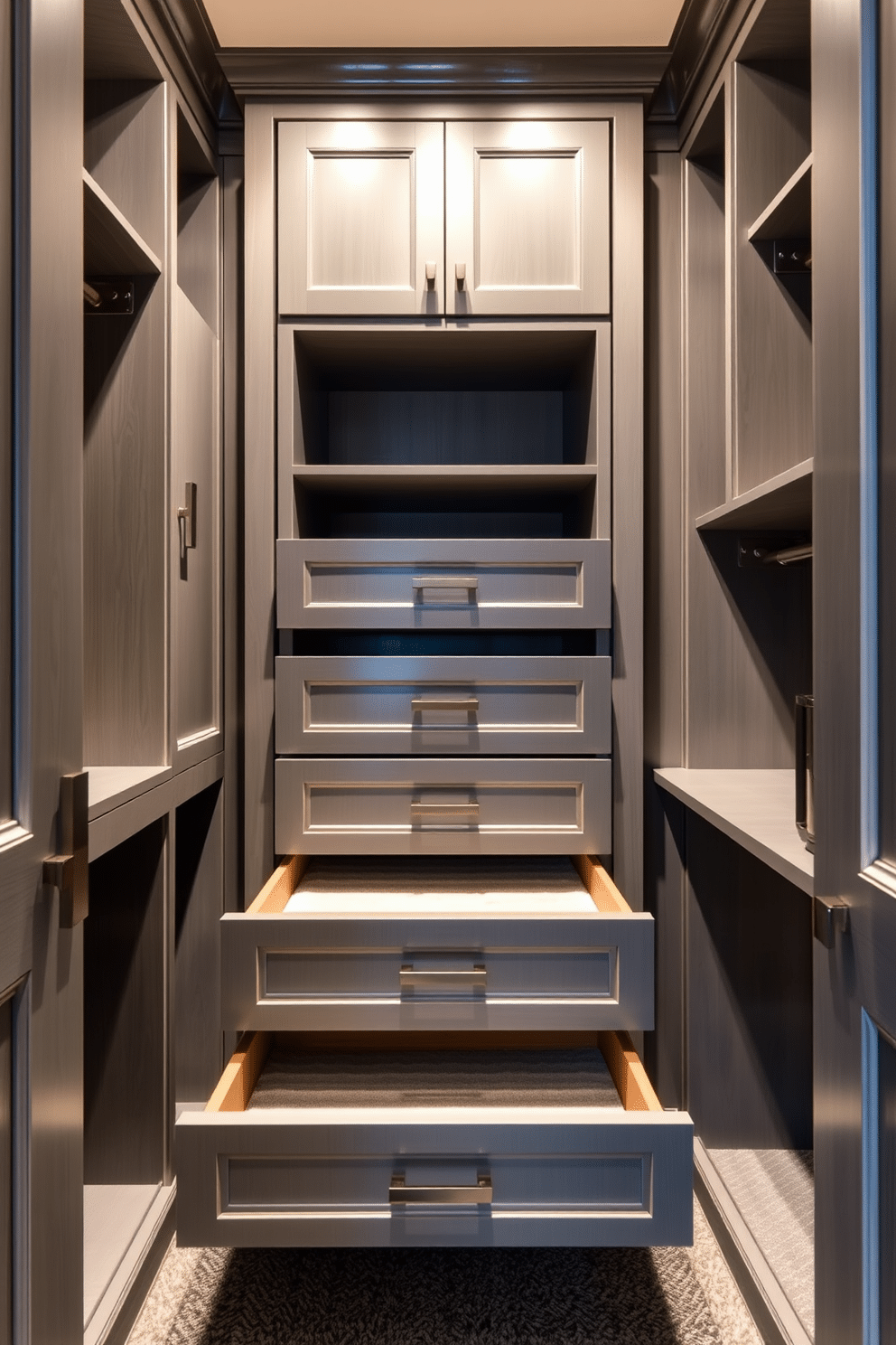 A stylish walk-in closet featuring functional drawers with a soft-close feature, ensuring a seamless and quiet operation. The space is illuminated by recessed lighting, highlighting the elegant gray cabinetry and plush carpet underfoot.