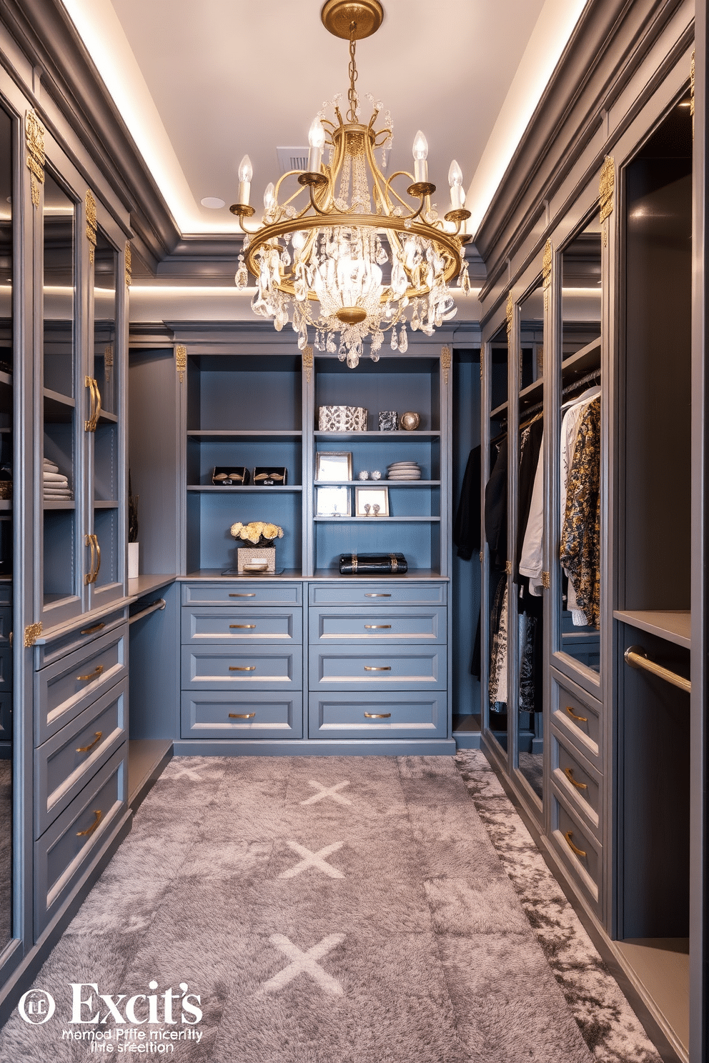 A luxurious gray walk-in closet featuring elegant gold decorative accents. The space includes custom shelving and hanging racks, with a plush gray carpet underfoot and a stunning chandelier that adds a touch of glamour.