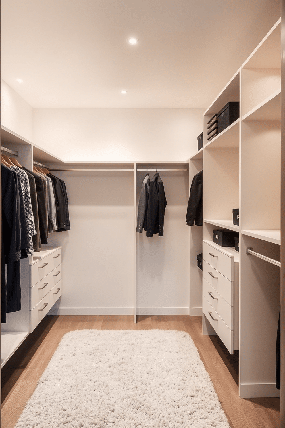 A minimalist walk-in closet featuring clean lines and a neutral color palette. The space is organized with sleek, open shelving and hanging rods, allowing for an airy feel while showcasing clothing and accessories elegantly. Soft, recessed lighting illuminates the space, enhancing the simplicity of the design. A plush, light gray rug adds warmth underfoot, creating a cozy atmosphere in this modern closet retreat.